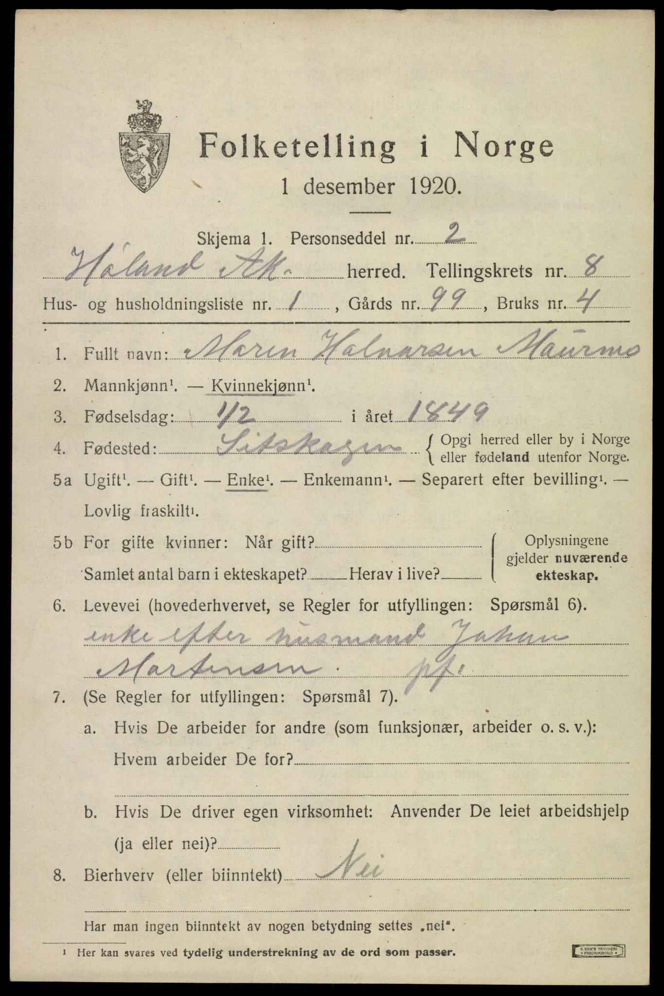 SAO, 1920 census for Høland, 1920, p. 9679