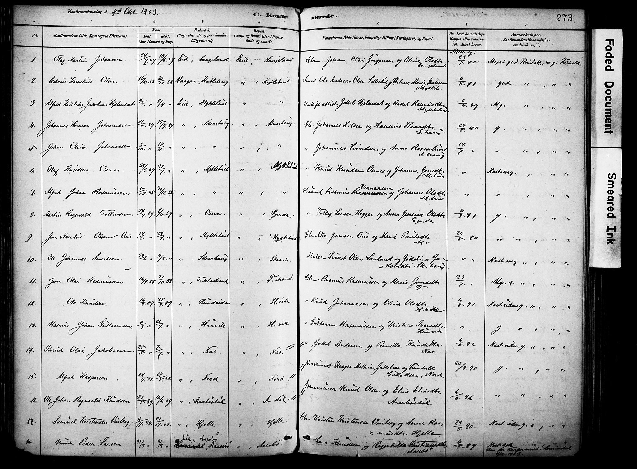 Eid sokneprestembete, SAB/A-82301/H/Haa/Haab/L0001: Parish register (official) no. B 1, 1879-1906, p. 273