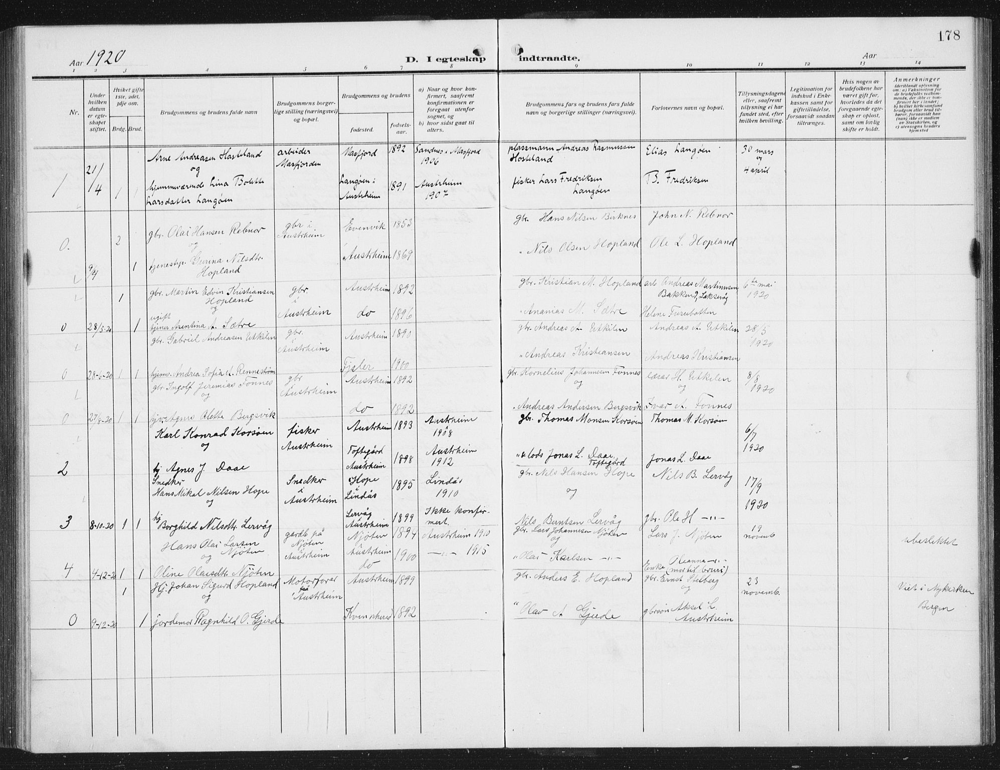 Lindås Sokneprestembete, AV/SAB-A-76701/H/Hab/Habc/L0005: Parish register (copy) no. C 5, 1910-1927, p. 178