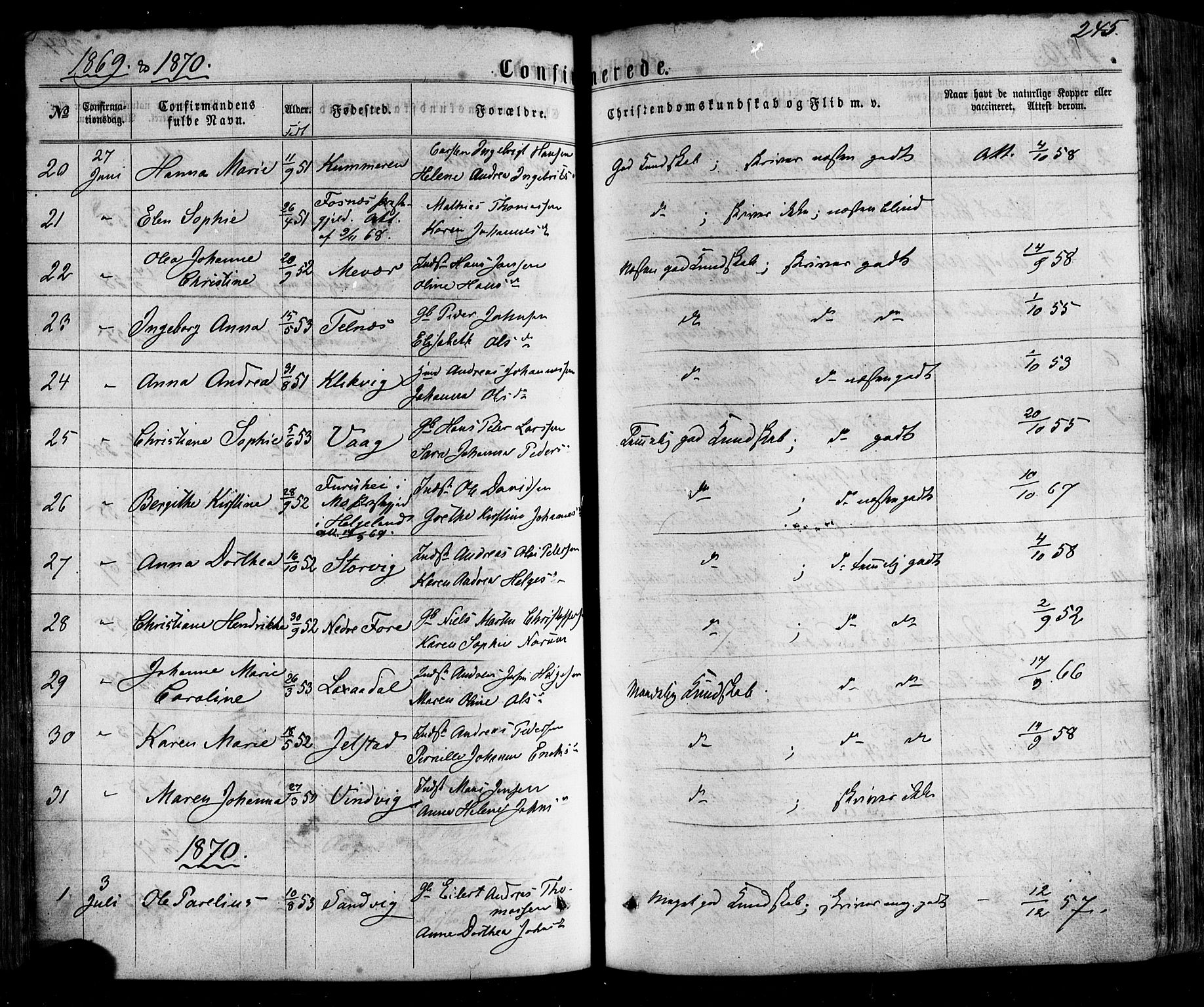 Ministerialprotokoller, klokkerbøker og fødselsregistre - Nordland, SAT/A-1459/805/L0098: Parish register (official) no. 805A05, 1862-1879, p. 245