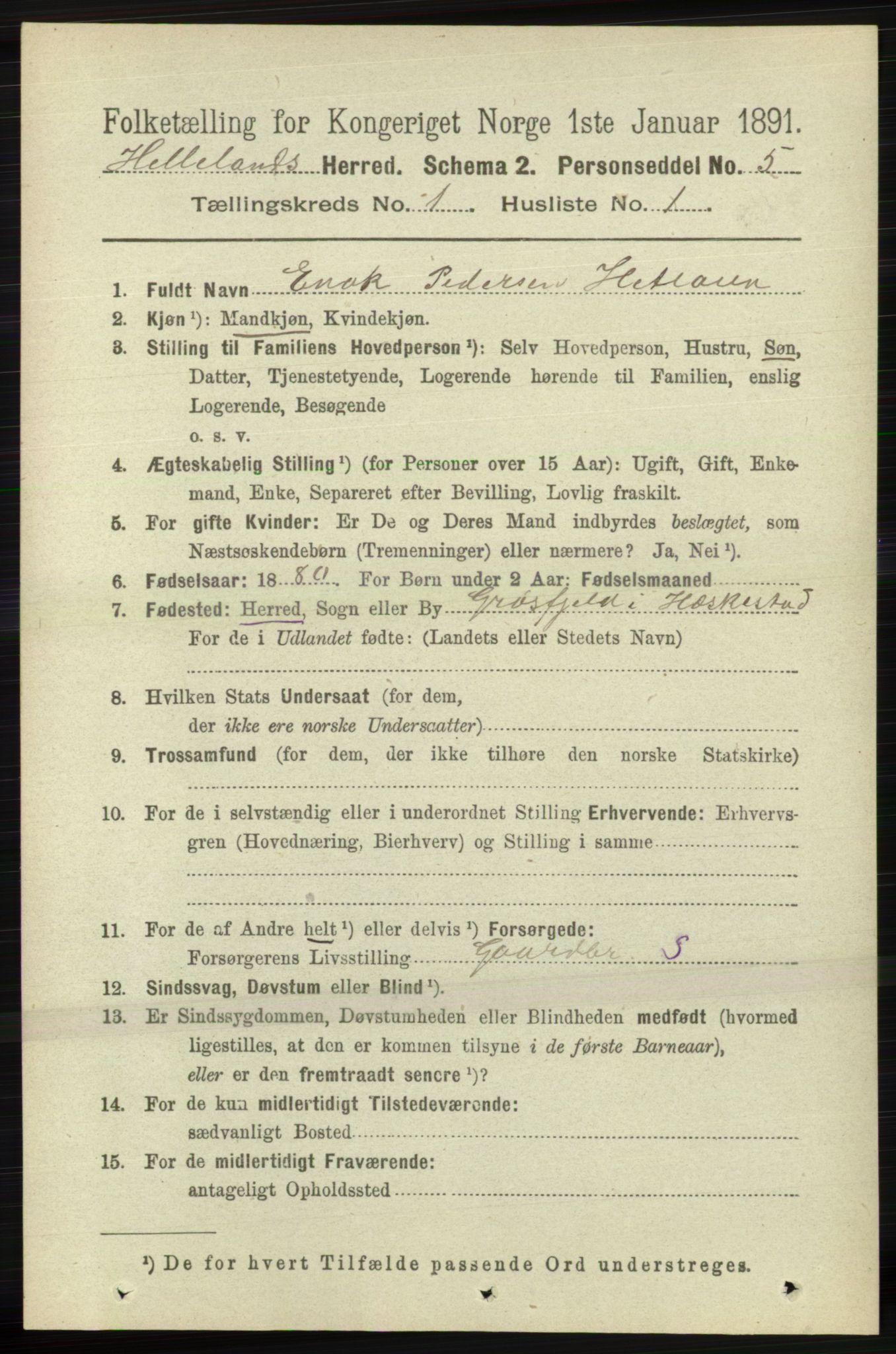 RA, 1891 census for 1115 Helleland, 1891, p. 71