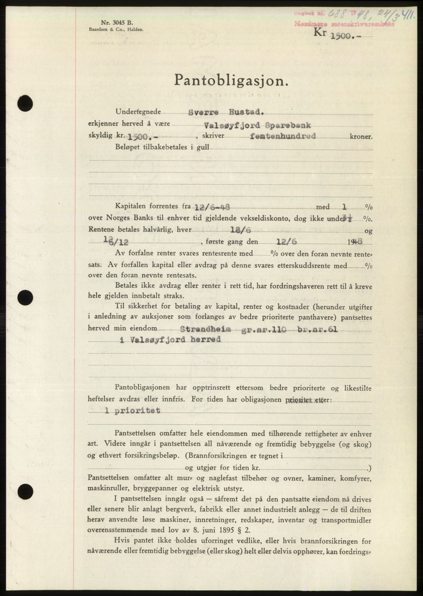 Nordmøre sorenskriveri, AV/SAT-A-4132/1/2/2Ca: Mortgage book no. B98, 1948-1948, Diary no: : 688/1948