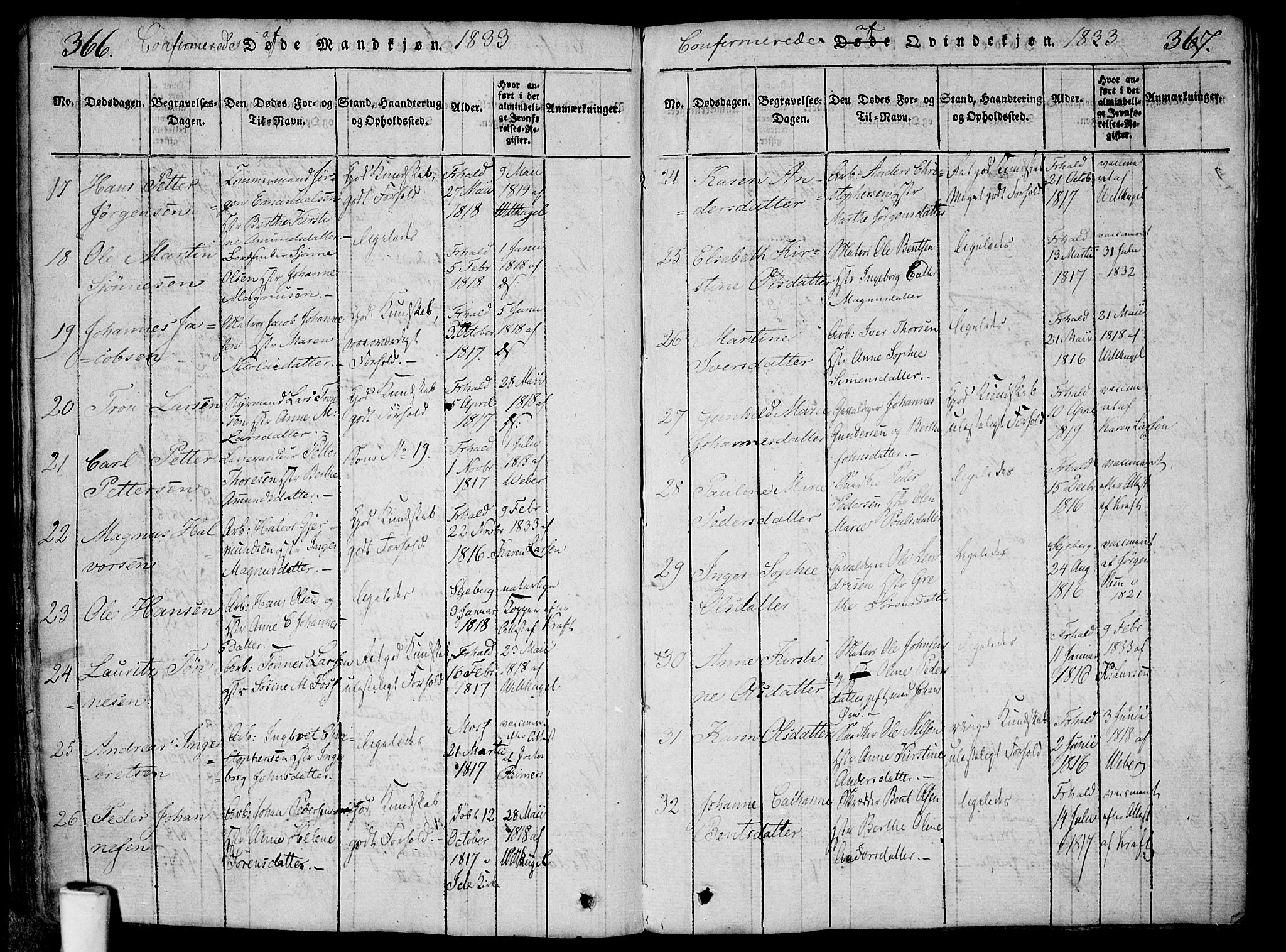 Halden prestekontor Kirkebøker, AV/SAO-A-10909/F/Fa/L0003: Parish register (official) no. I 3, 1815-1834, p. 366-367