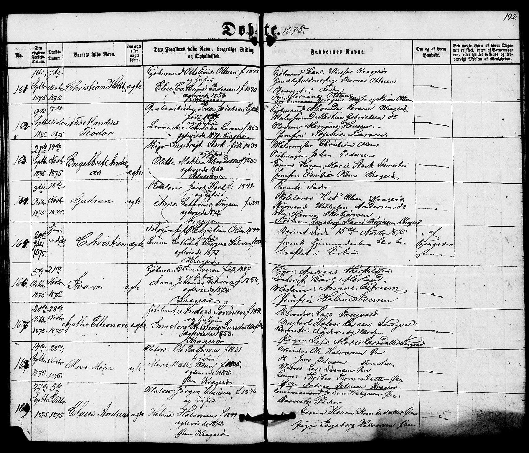 Kragerø kirkebøker, AV/SAKO-A-278/G/Ga/L0005: Parish register (copy) no. 5, 1865-1881, p. 192