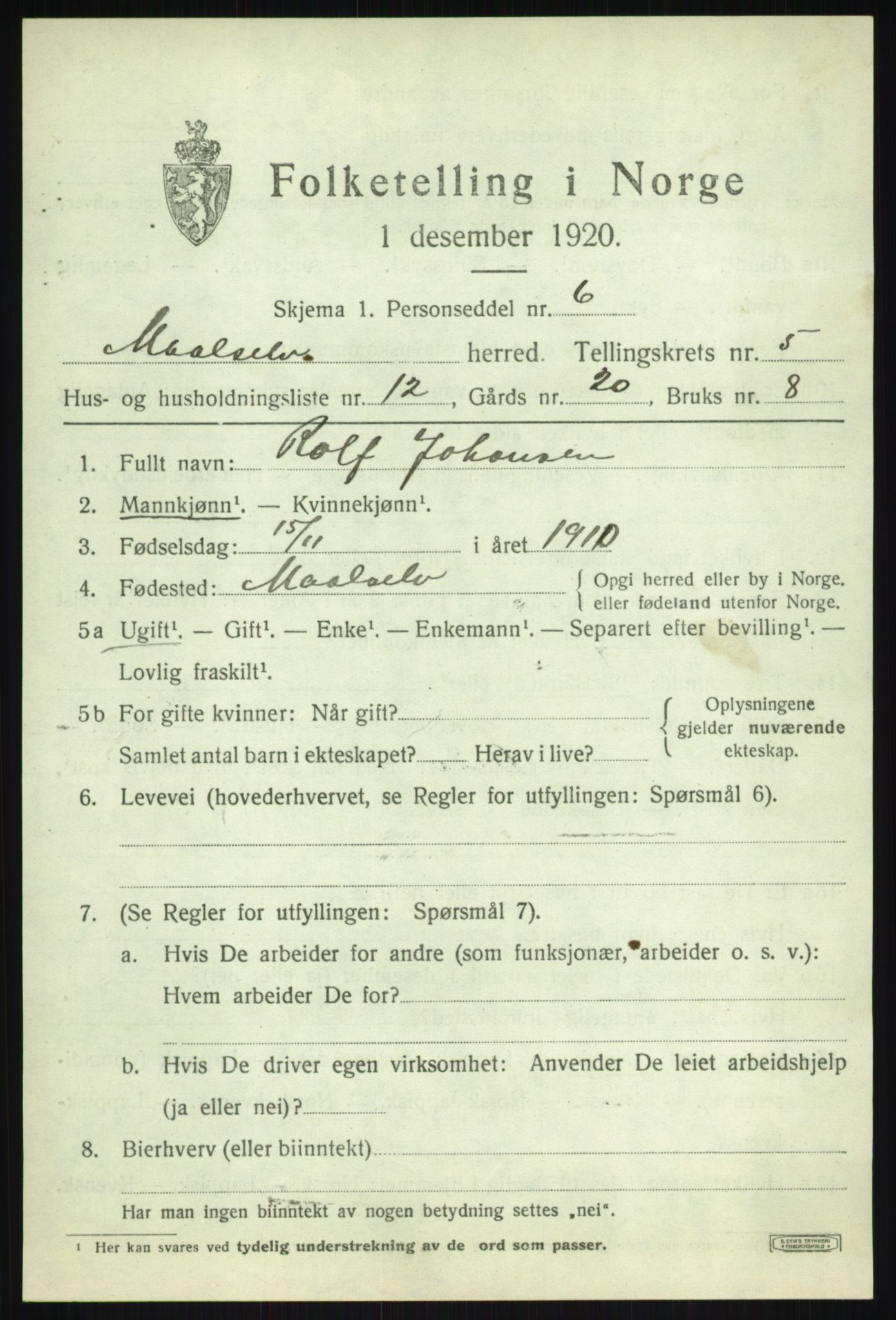 SATØ, 1920 census for Målselv, 1920, p. 3309