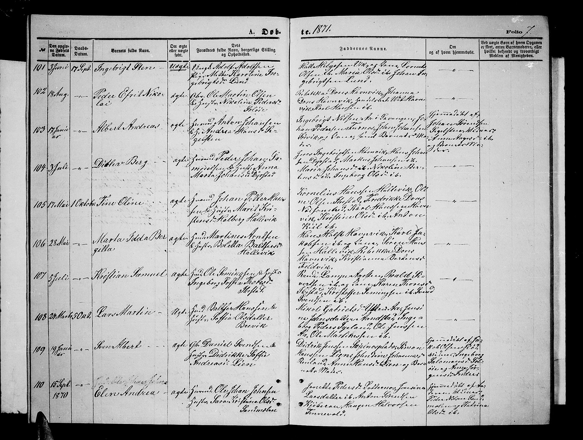 Ibestad sokneprestembete, AV/SATØ-S-0077/H/Ha/Hab/L0006klokker: Parish register (copy) no. 6, 1871-1879, p. 7
