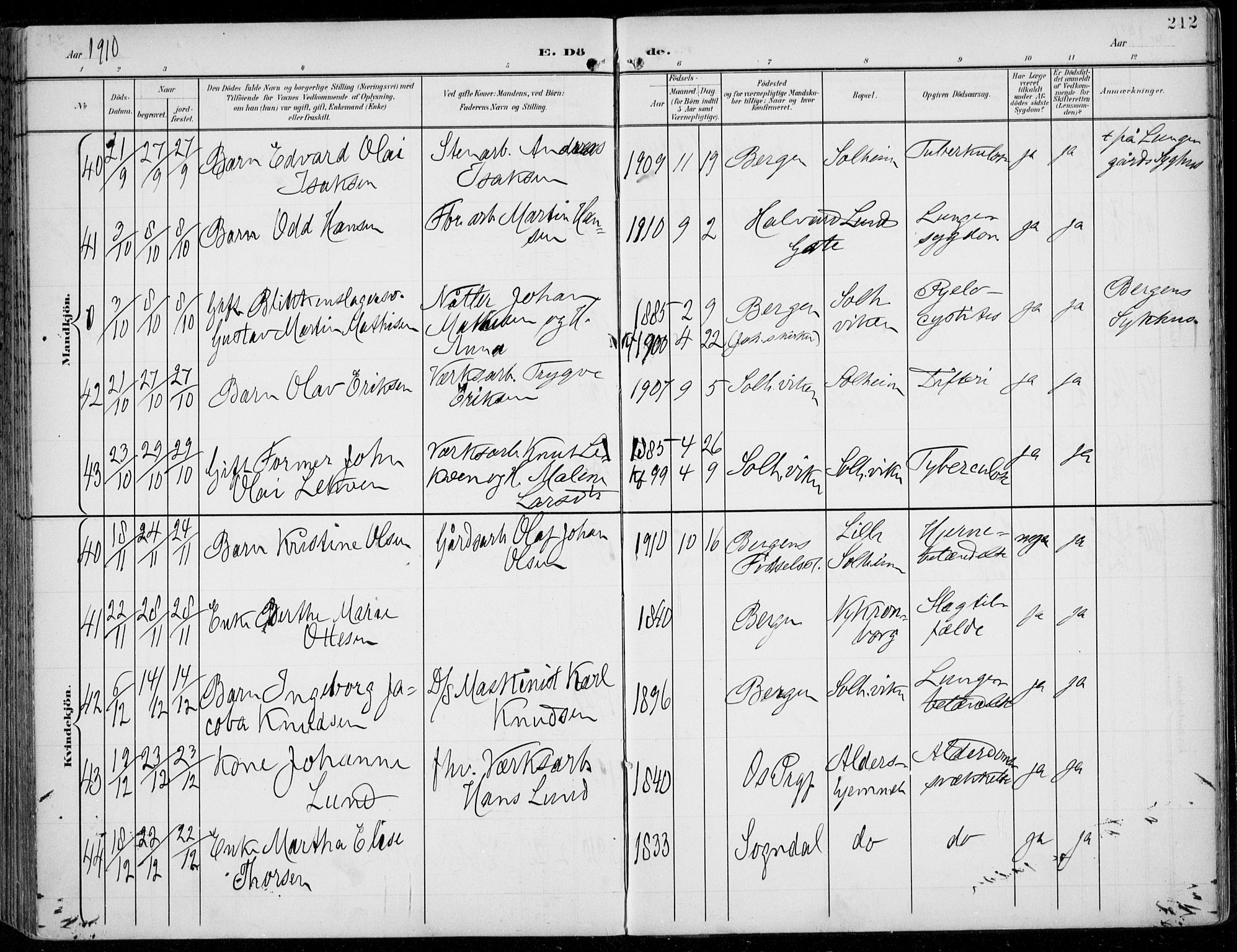 Årstad Sokneprestembete, AV/SAB-A-79301/H/Haa/L0009: Parish register (official) no. C 1, 1902-1918, p. 212