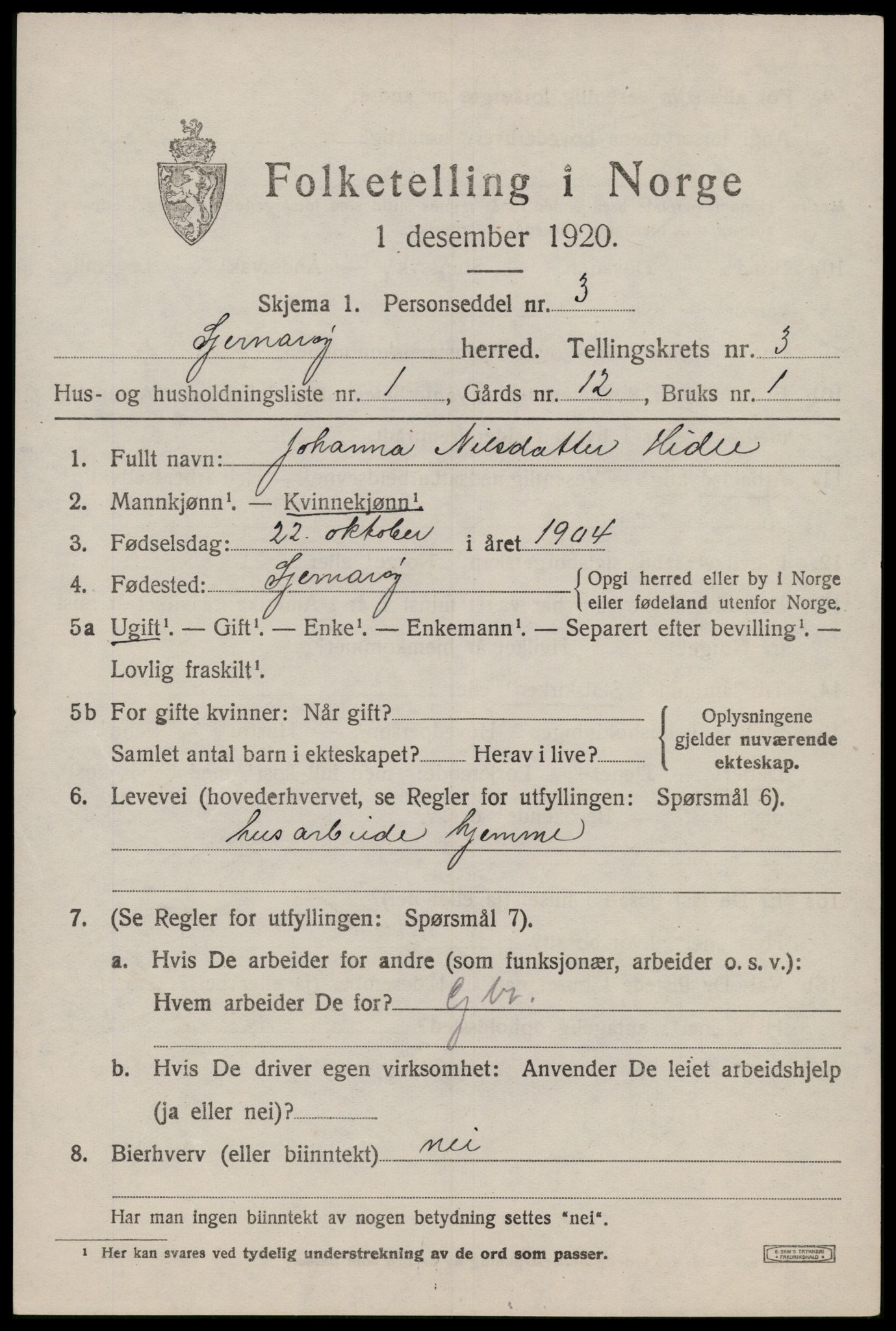 SAST, 1920 census for Sjernarøy, 1920, p. 882