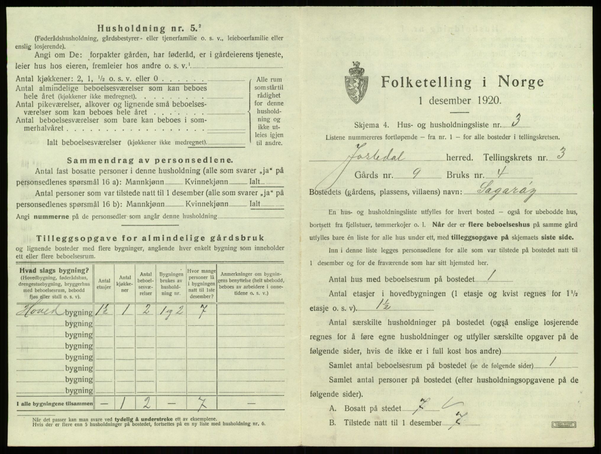 SAB, 1920 census for Jostedal, 1920, p. 134