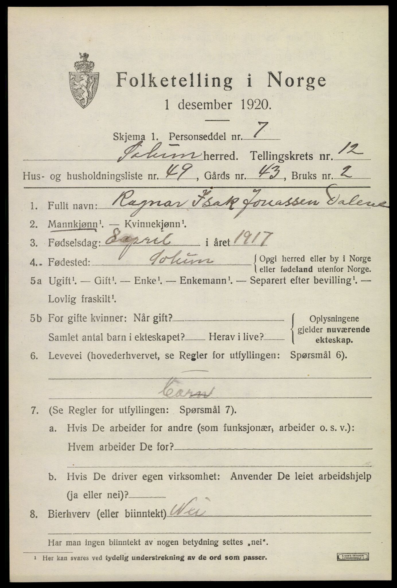 SAKO, 1920 census for Solum, 1920, p. 17548