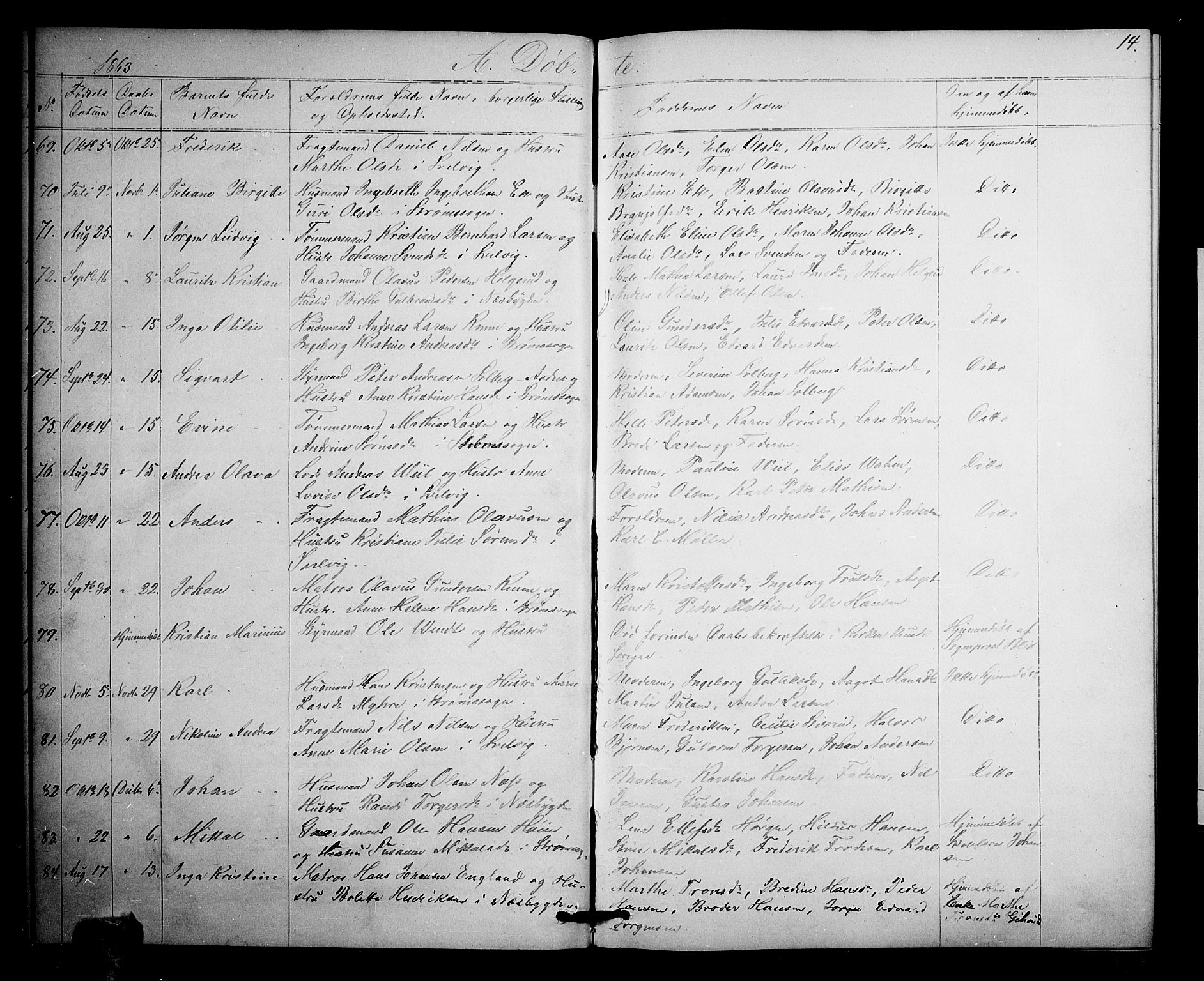 Strømm kirkebøker, AV/SAKO-A-322/G/Ga/L0001: Parish register (copy) no. I 1, 1861-1885, p. 14