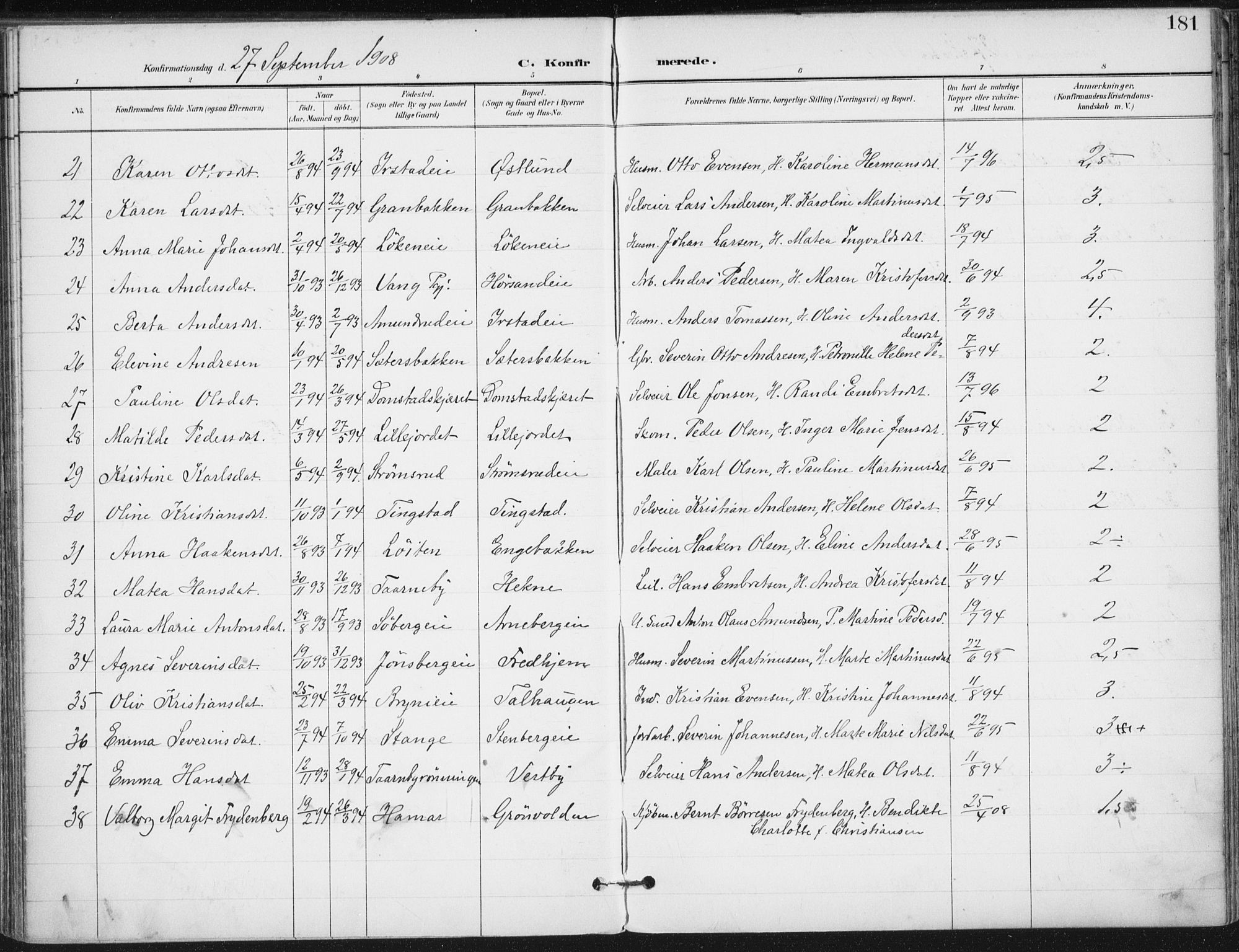 Romedal prestekontor, AV/SAH-PREST-004/K/L0011: Parish register (official) no. 11, 1896-1912, p. 181