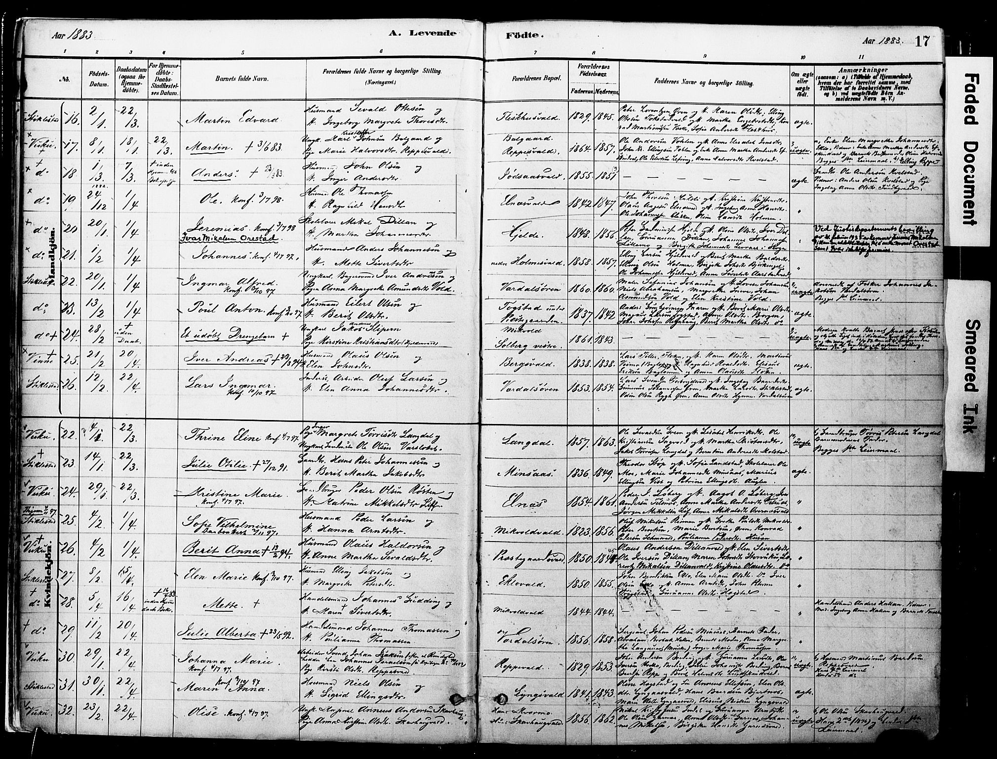 Ministerialprotokoller, klokkerbøker og fødselsregistre - Nord-Trøndelag, AV/SAT-A-1458/723/L0244: Parish register (official) no. 723A13, 1881-1899, p. 17