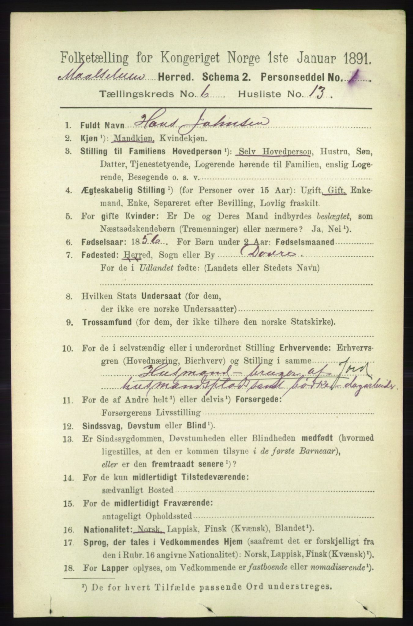 RA, 1891 census for 1924 Målselv, 1891, p. 2134