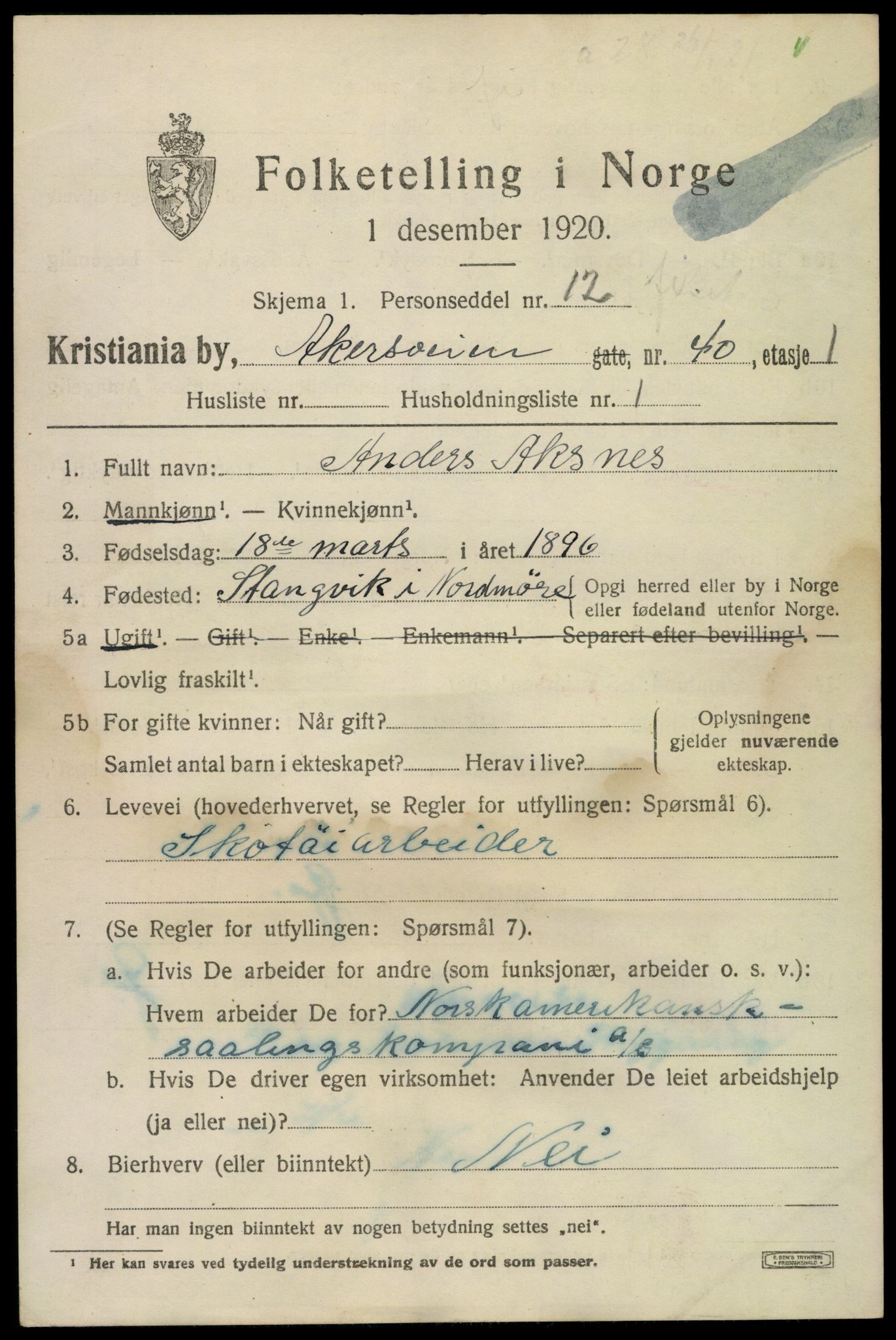 SAO, 1920 census for Kristiania, 1920, p. 140905