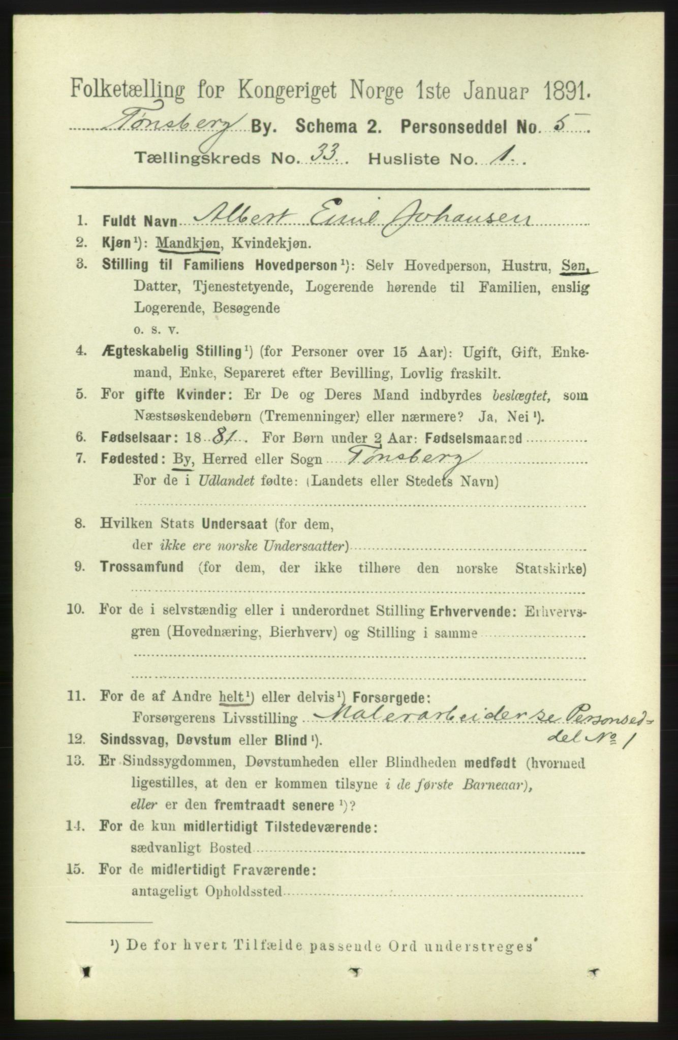 RA, 1891 census for 0705 Tønsberg, 1891, p. 7586