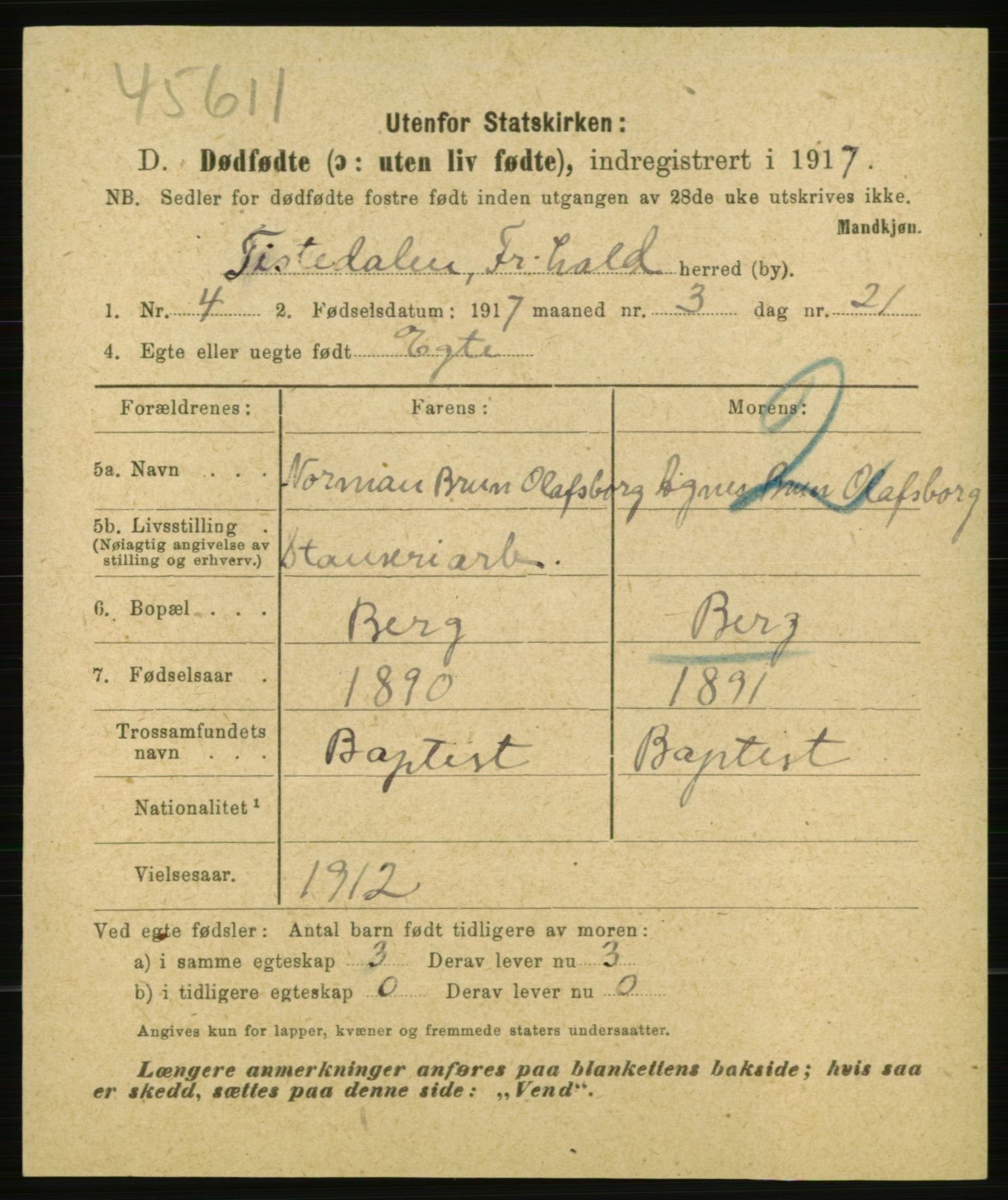 Statistisk sentralbyrå, Sosiodemografiske emner, Befolkning, RA/S-2228/E/L0015: Fødte, gifte, døde dissentere., 1917, p. 3401