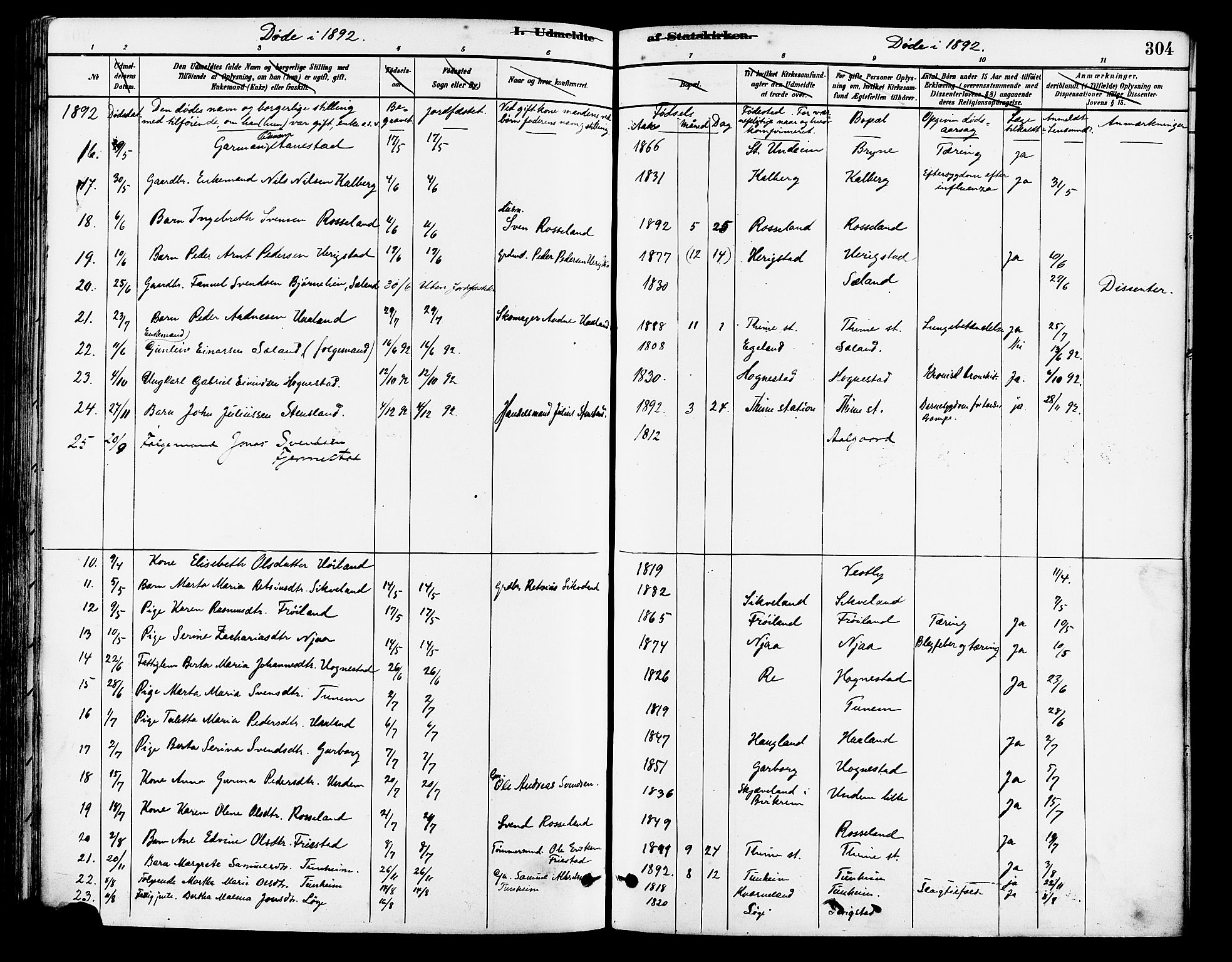 Lye sokneprestkontor, AV/SAST-A-101794/001/30BA/L0009: Parish register (official) no. A 8, 1881-1892, p. 304