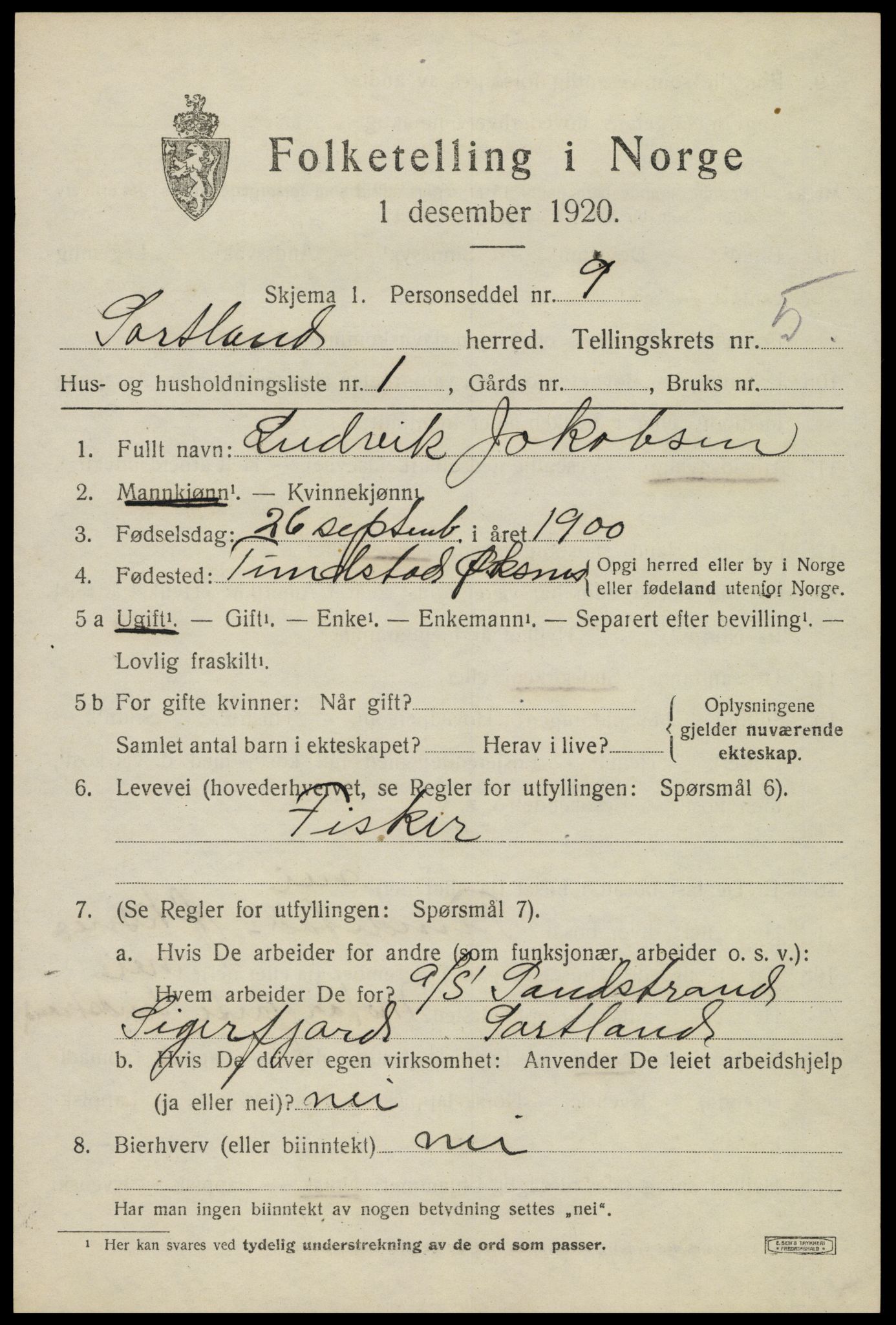 SAT, 1920 census for Sortland, 1920, p. 5488