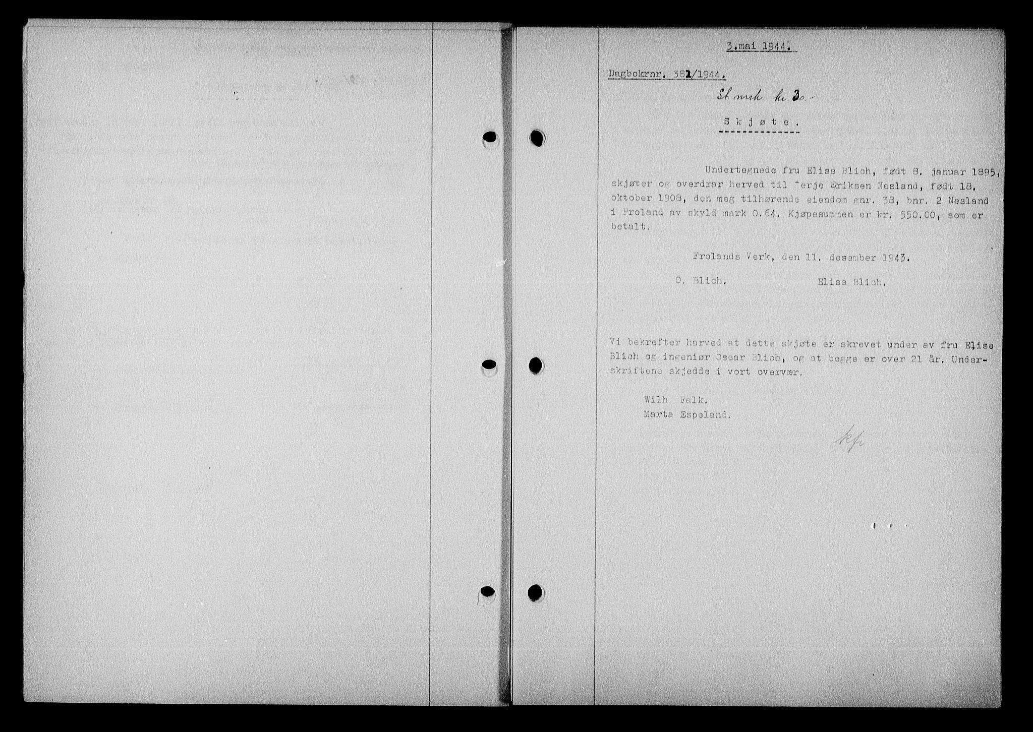 Nedenes sorenskriveri, SAK/1221-0006/G/Gb/Gba/L0051: Mortgage book no. A-V, 1943-1944, Diary no: : 382/1944