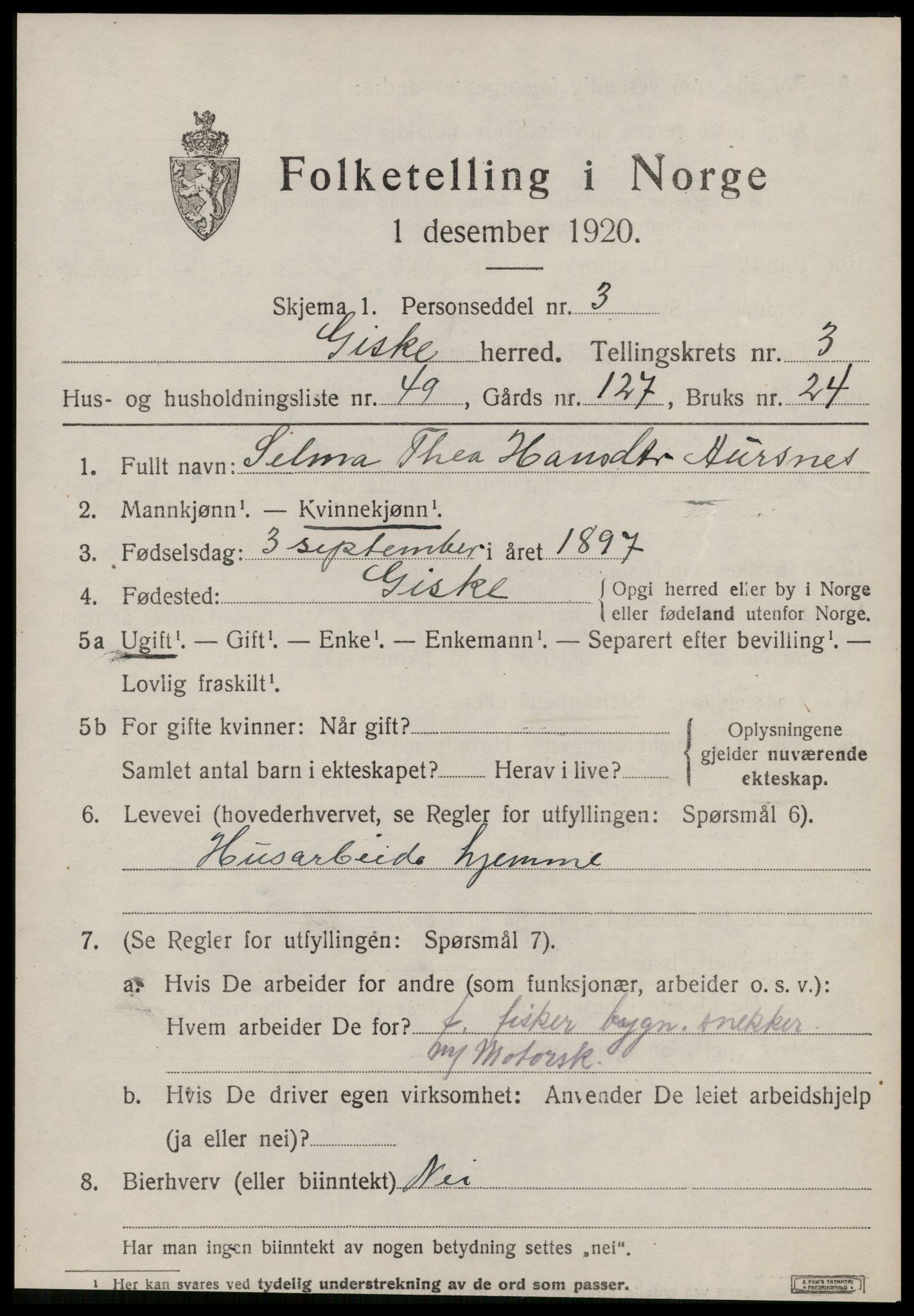 SAT, 1920 census for Giske, 1920, p. 2512