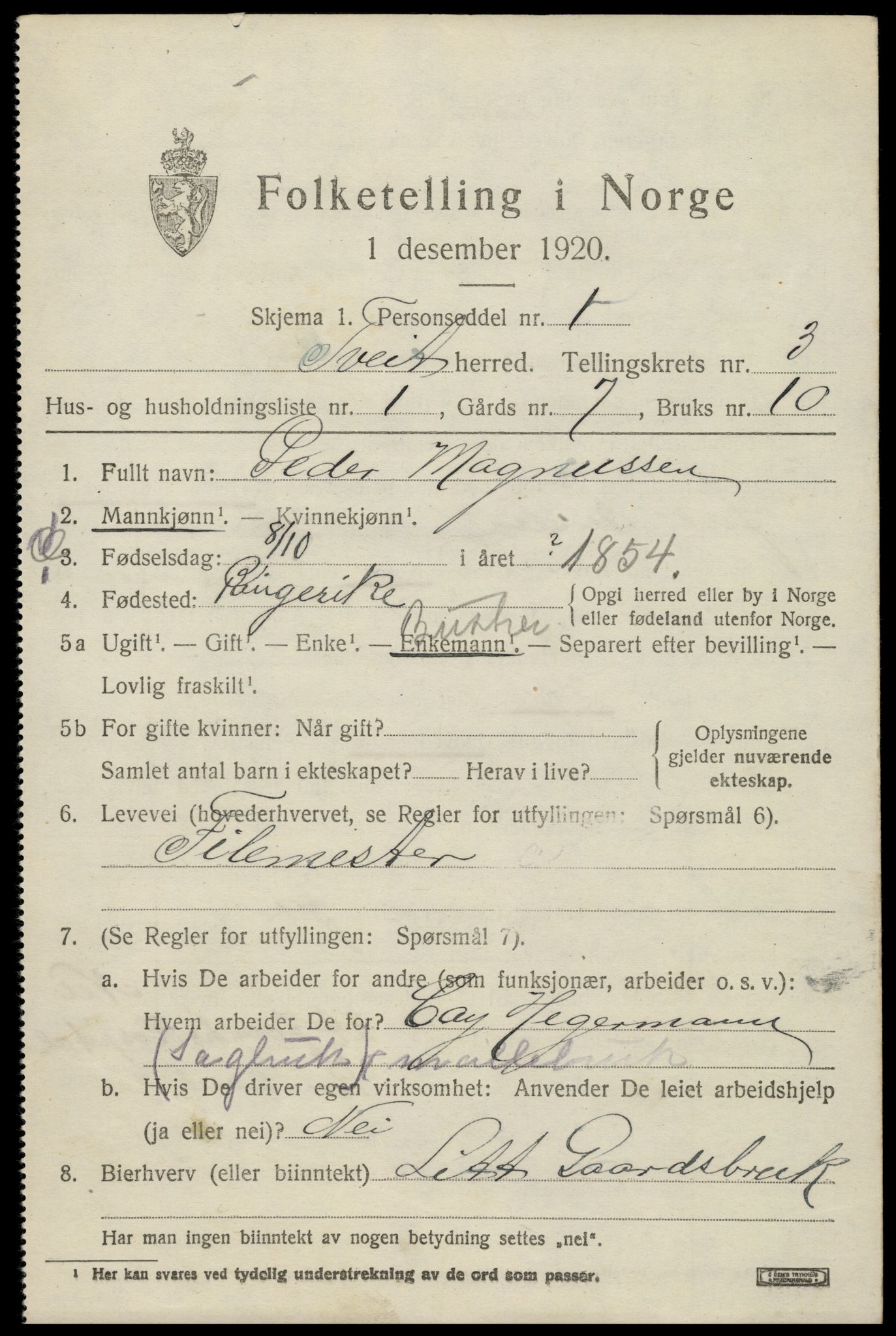 SAK, 1920 census for Tveit, 1920, p. 1486