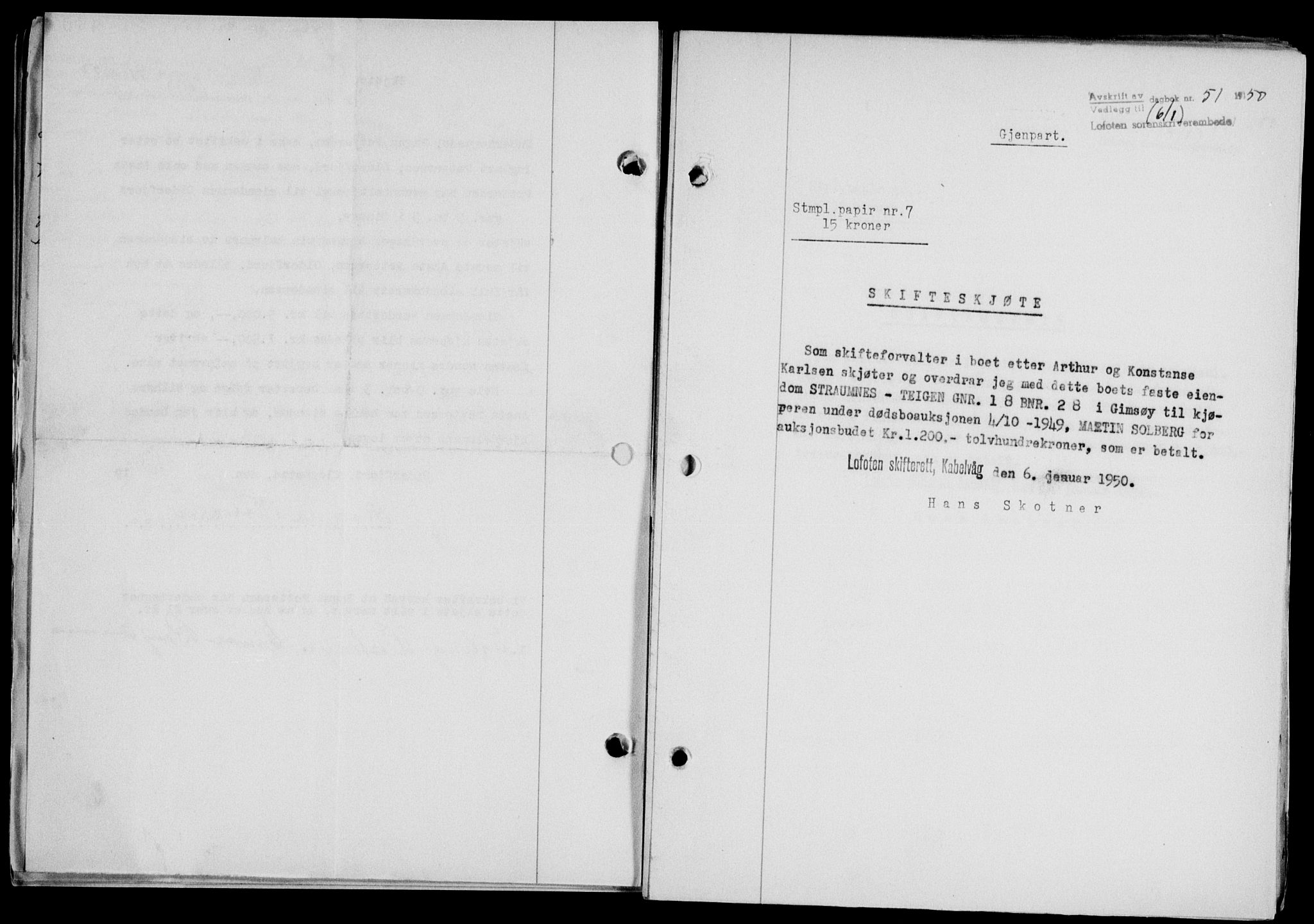 Lofoten sorenskriveri, SAT/A-0017/1/2/2C/L0022a: Mortgage book no. 22a, 1949-1950, Diary no: : 51/1950