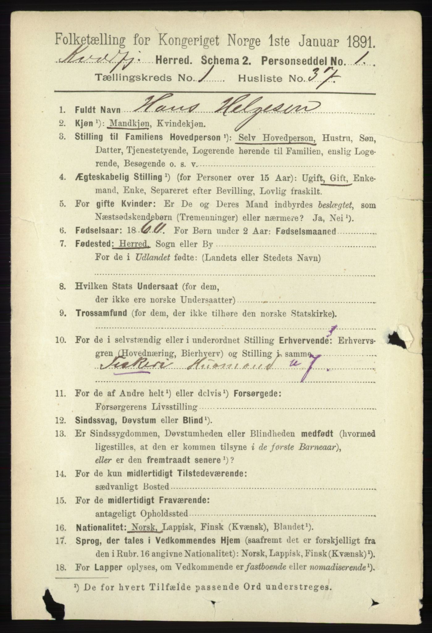 RA, 1891 census for 1911 Kvæfjord, 1891, p. 325