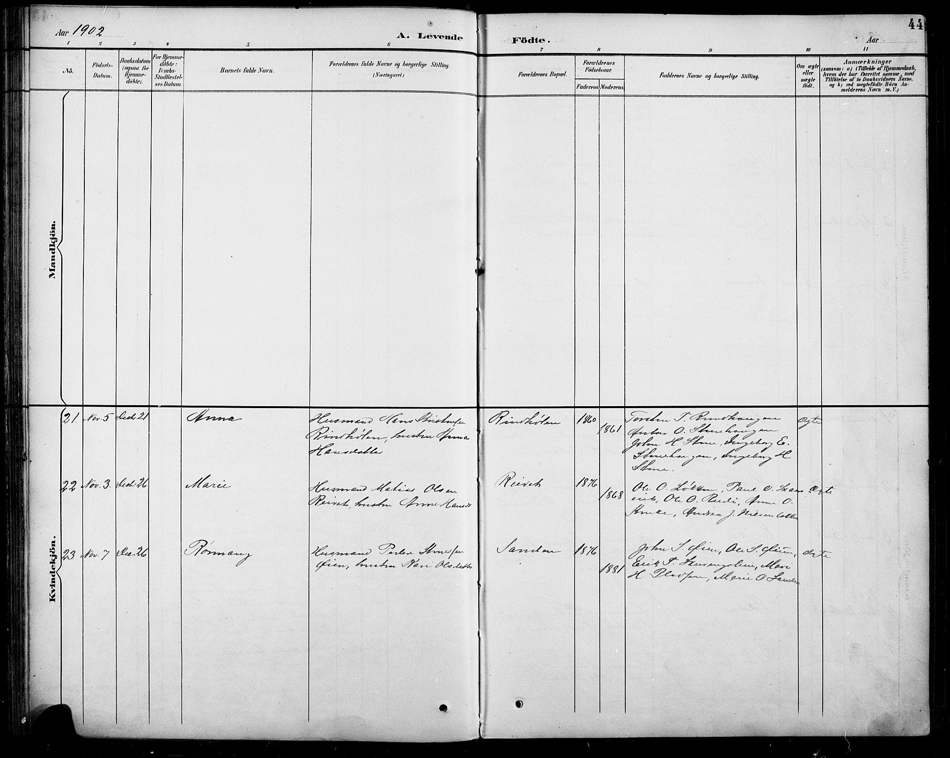 Sel prestekontor, SAH/PREST-074/H/Ha/Hab/L0005: Parish register (copy) no. 5, 1894-1923, p. 44