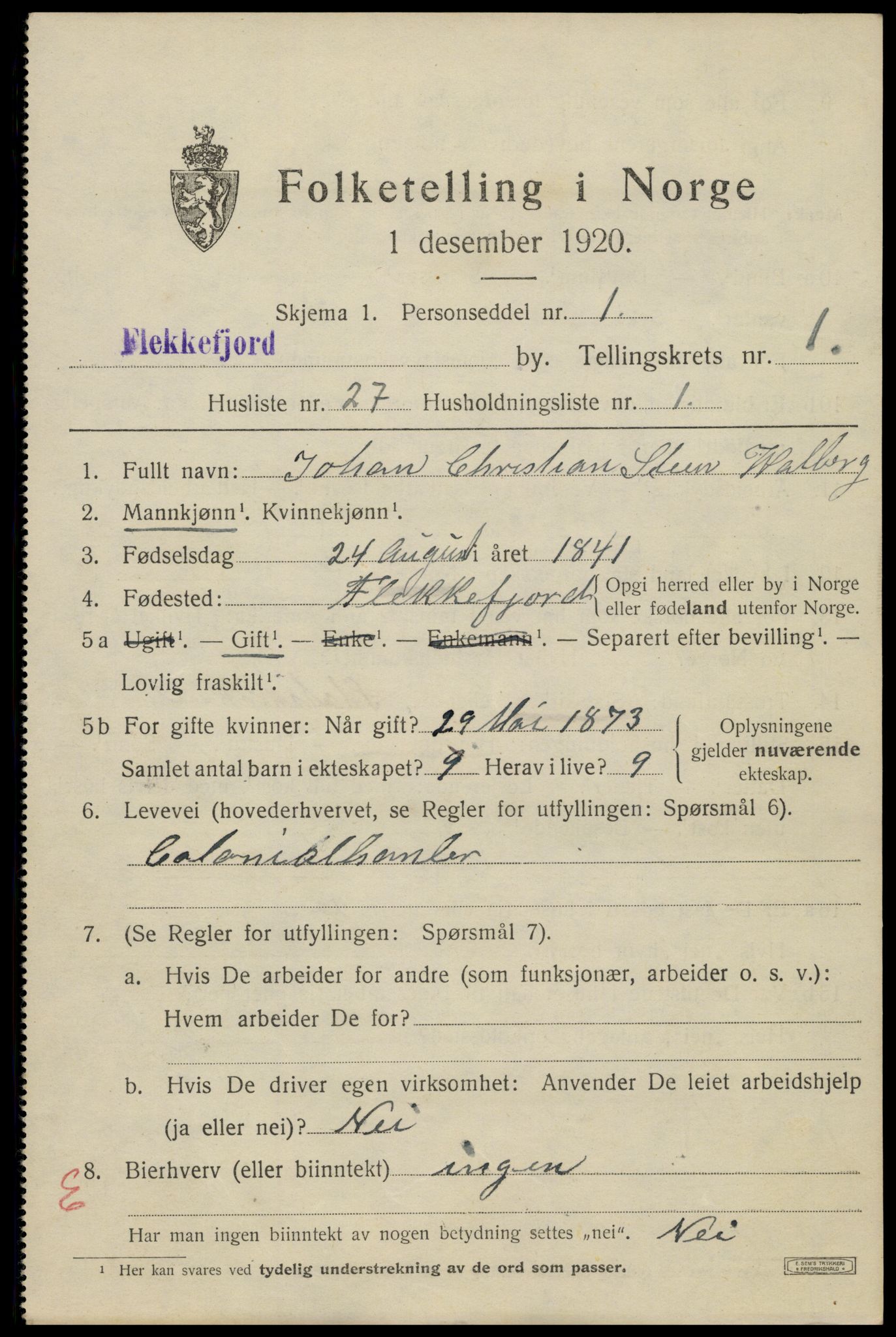 SAK, 1920 census for Flekkefjord, 1920, p. 2106