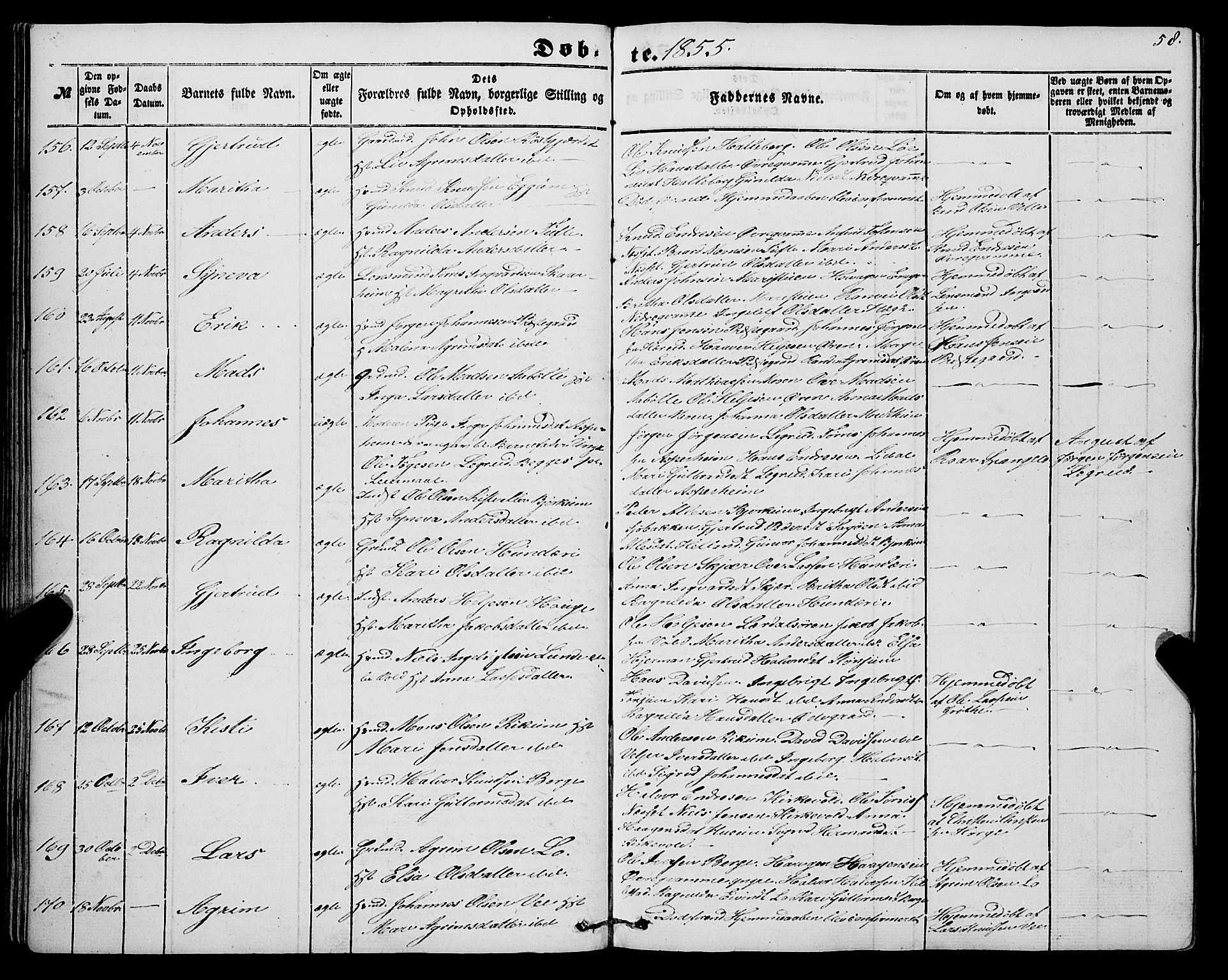 Lærdal sokneprestembete, SAB/A-81201: Parish register (official) no. A 11, 1850-1866, p. 58