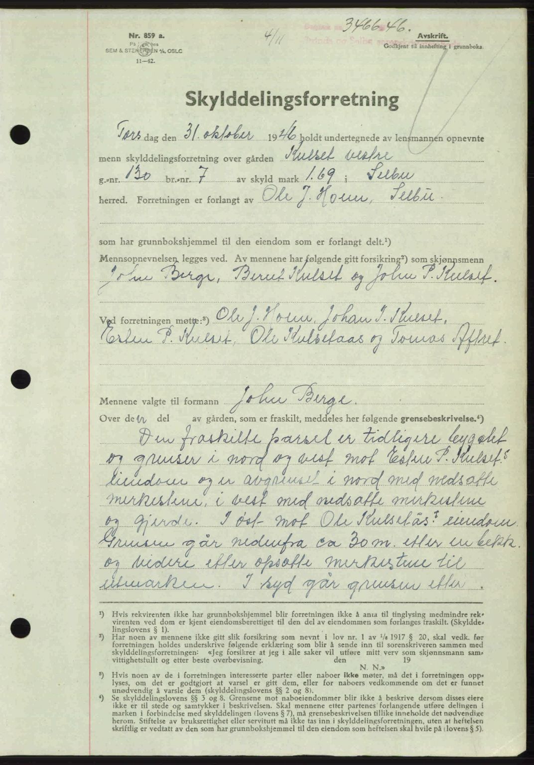 Strinda og Selbu sorenskriveri, AV/SAT-A-0015/2/2C: Mortgage book no. A11, 1946-1947, Diary no: : 3466/1946