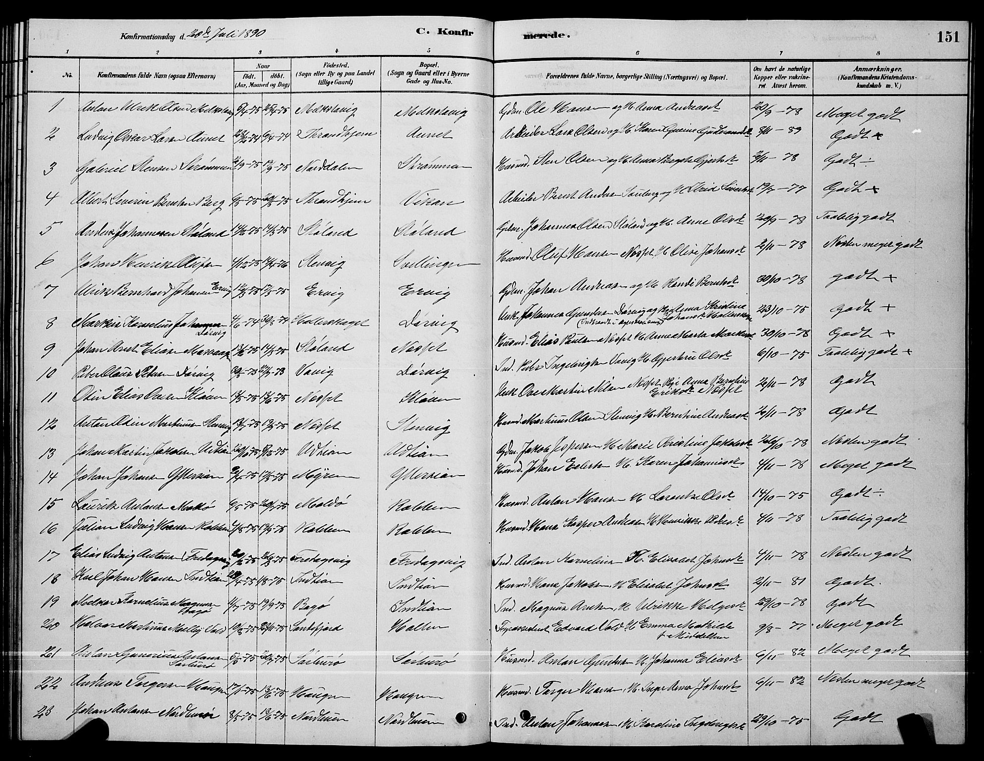 Ministerialprotokoller, klokkerbøker og fødselsregistre - Sør-Trøndelag, SAT/A-1456/640/L0585: Parish register (copy) no. 640C03, 1878-1891, p. 151