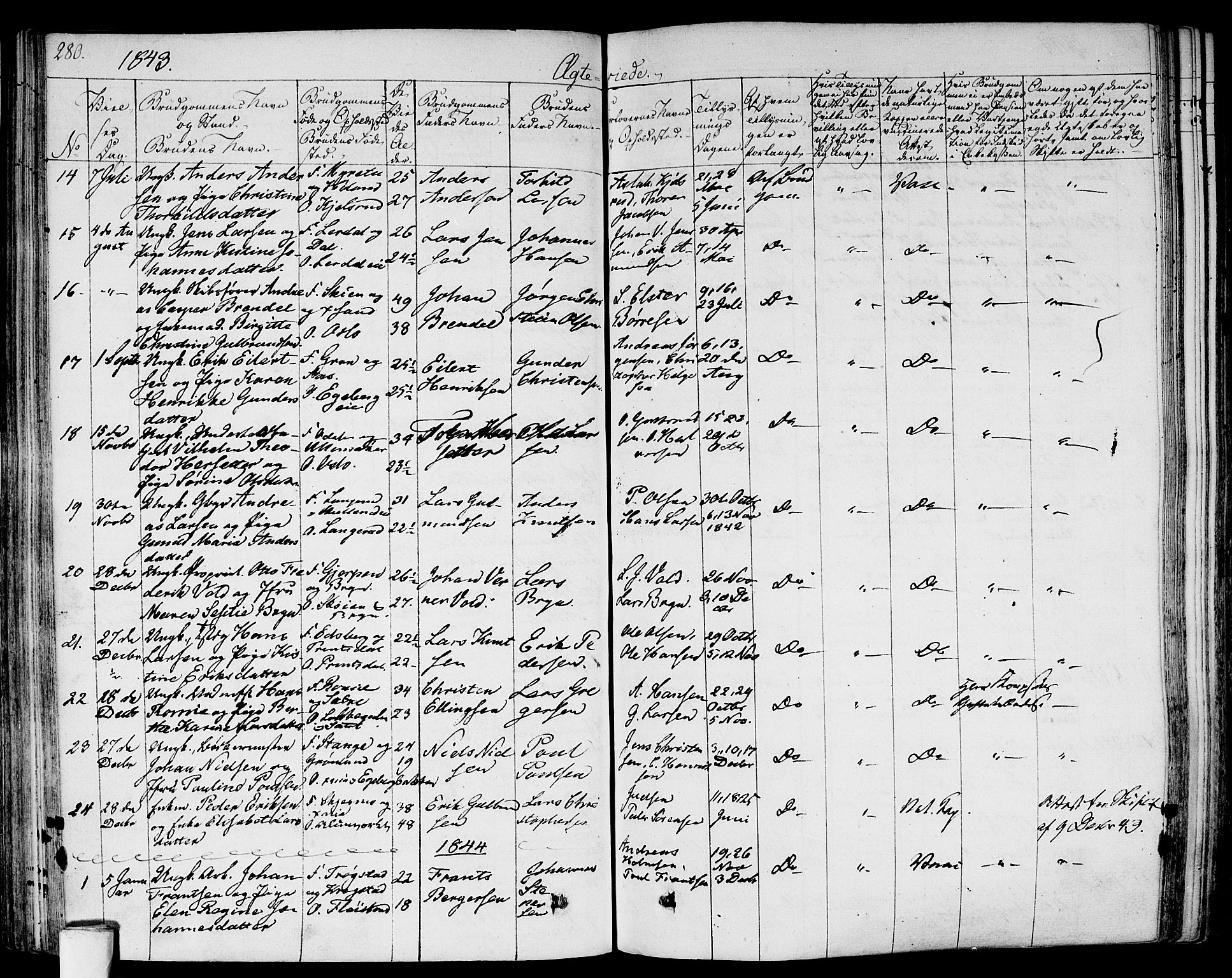 Gamlebyen prestekontor Kirkebøker, SAO/A-10884/F/Fa/L0003: Parish register (official) no. 3, 1829-1849, p. 280
