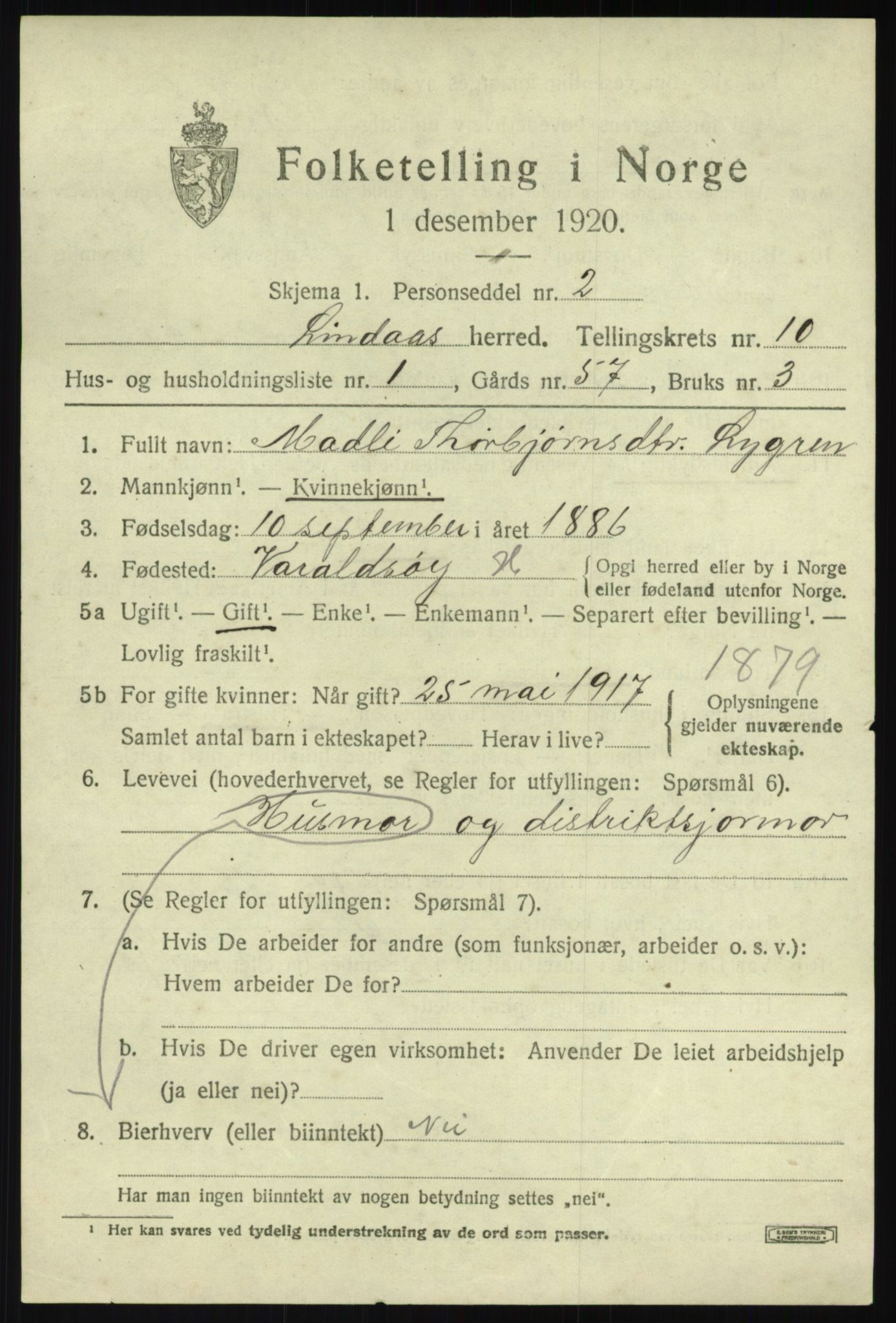 SAB, 1920 census for Lindås, 1920, p. 5335