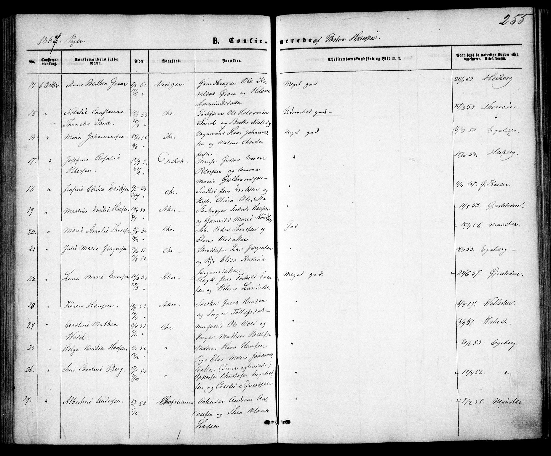 Trefoldighet prestekontor Kirkebøker, AV/SAO-A-10882/F/Fb/L0001: Parish register (official) no. II 1, 1858-1871, p. 255