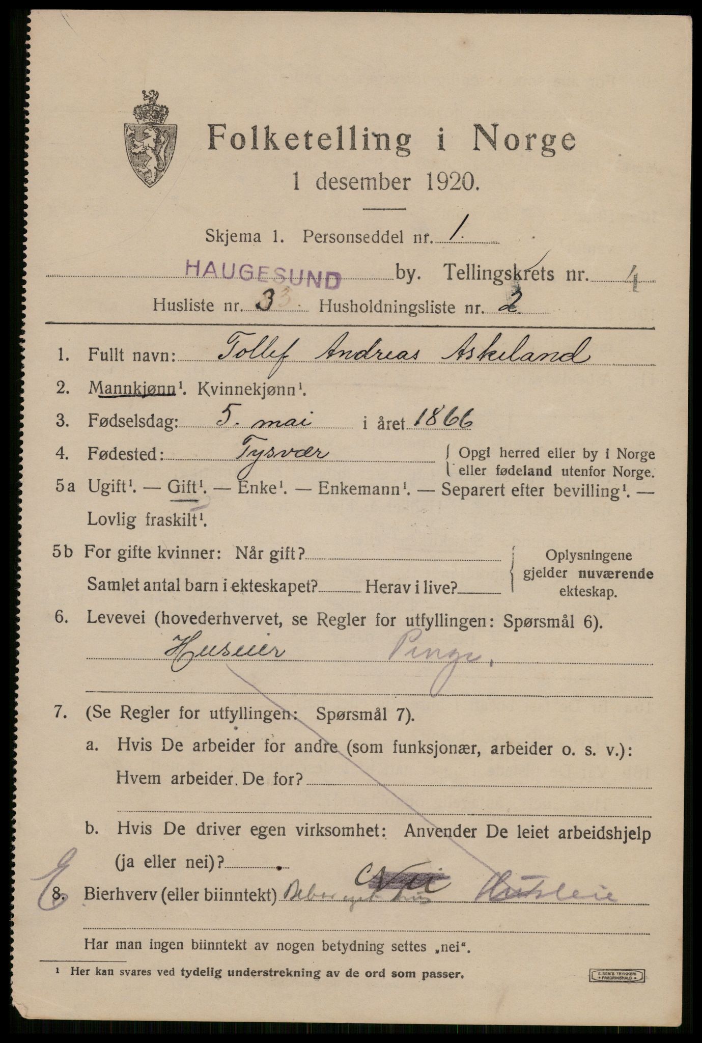 SAST, 1920 census for Haugesund, 1920, p. 15257