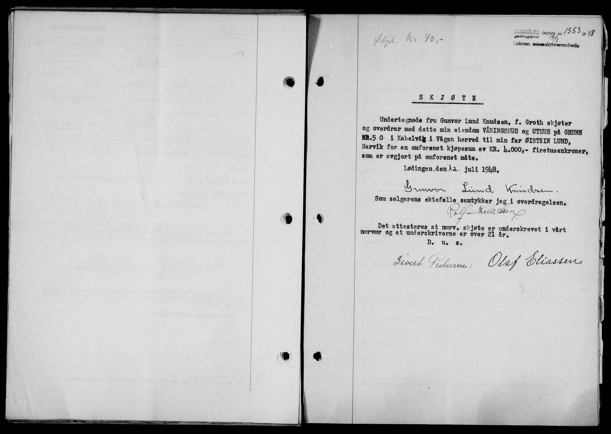 Lofoten sorenskriveri, SAT/A-0017/1/2/2C/L0018a: Mortgage book no. 18a, 1948-1948, Diary no: : 1553/1948