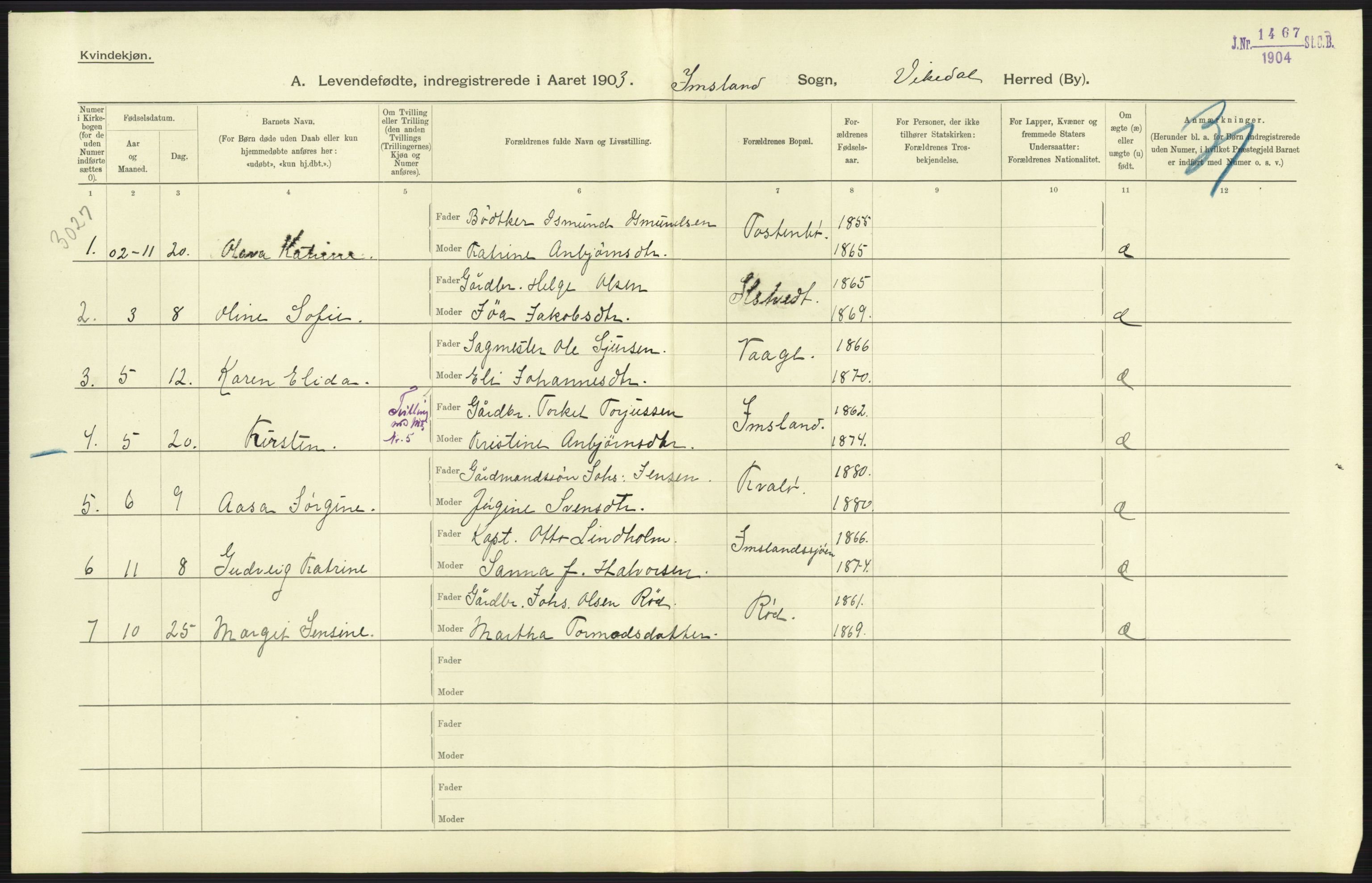 Statistisk sentralbyrå, Sosiodemografiske emner, Befolkning, AV/RA-S-2228/D/Df/Dfa/Dfaa/L0012: Stavanger amt: Fødte, gifte, døde, 1903, p. 293