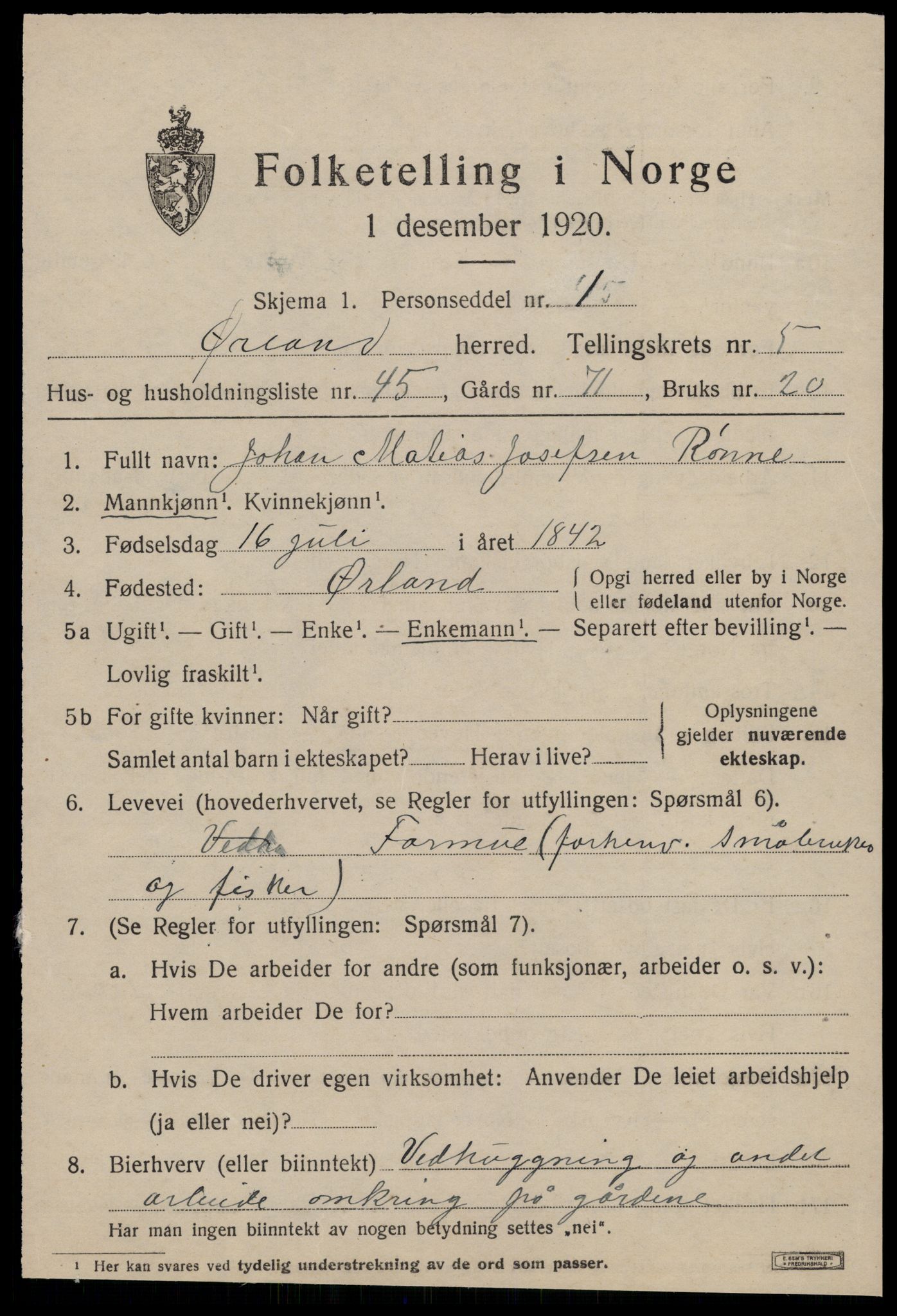 SAT, 1920 census for Ørland, 1920, p. 4933