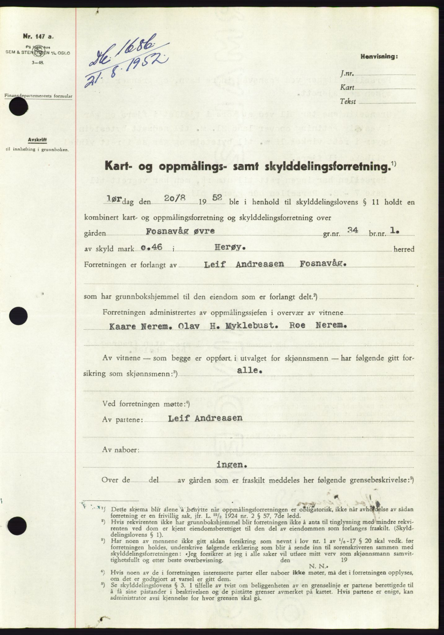 Søre Sunnmøre sorenskriveri, AV/SAT-A-4122/1/2/2C/L0092: Mortgage book no. 18A, 1952-1952, Diary no: : 1686/1952