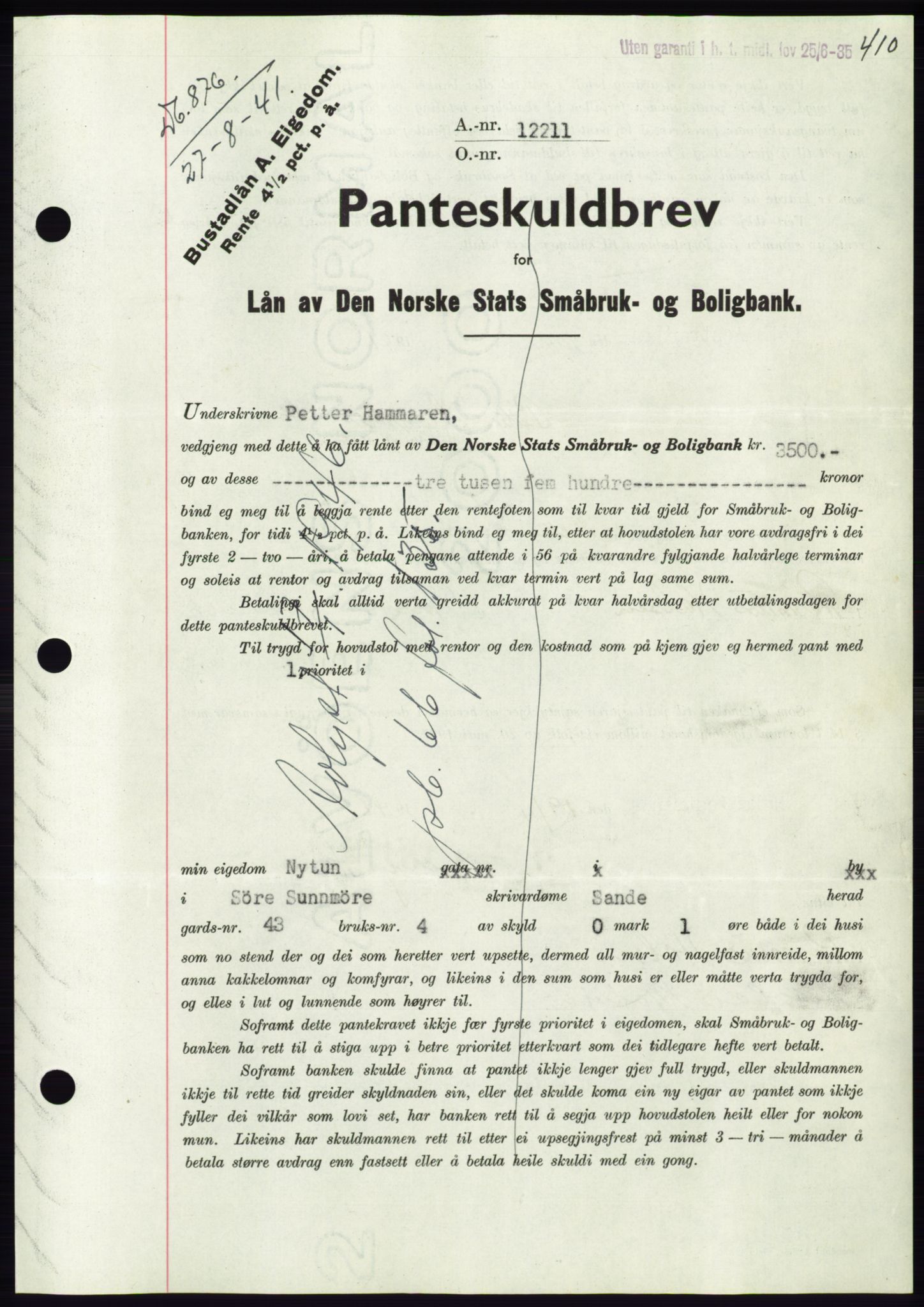 Søre Sunnmøre sorenskriveri, AV/SAT-A-4122/1/2/2C/L0071: Mortgage book no. 65, 1941-1941, Diary no: : 876/1941