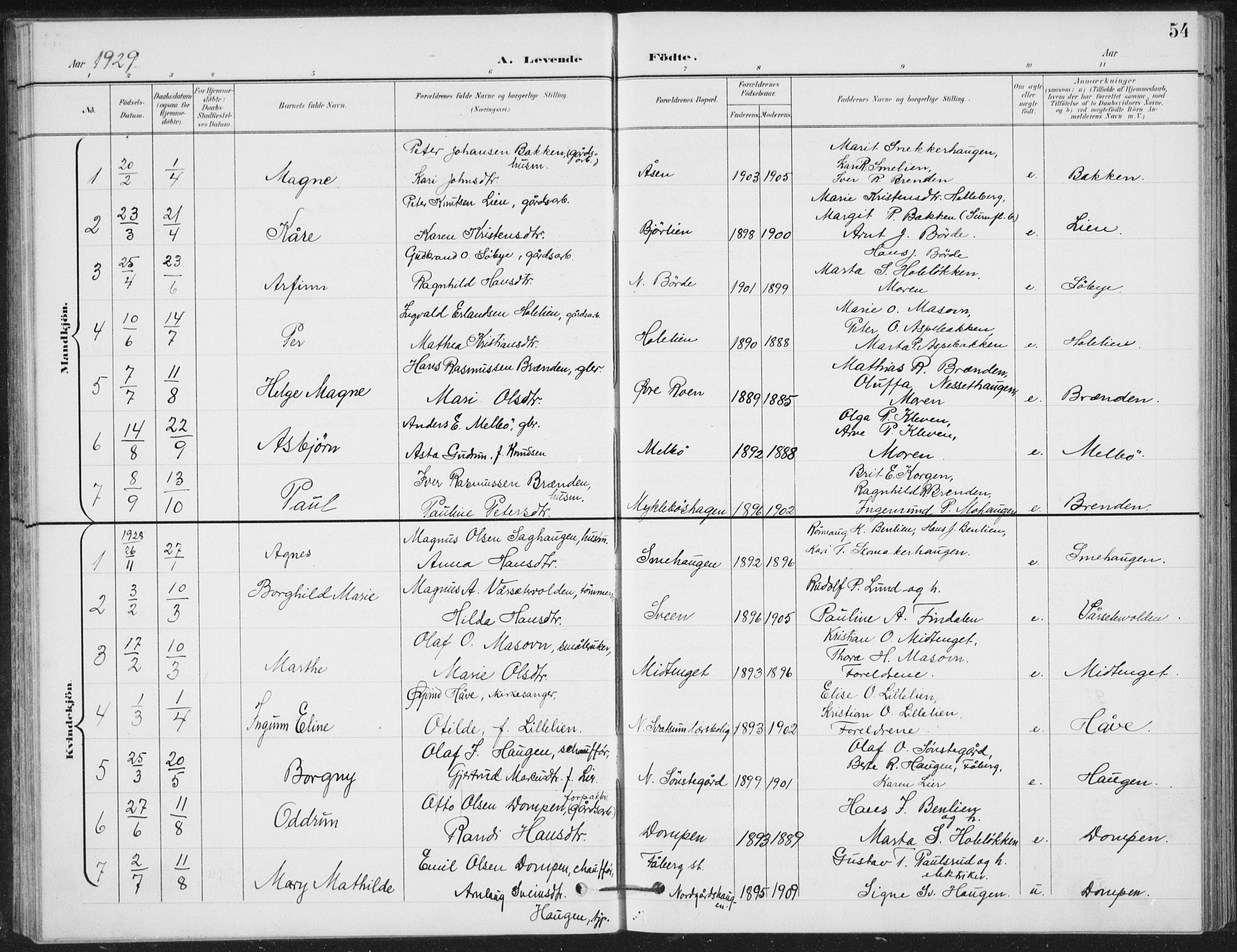 Vestre Gausdal prestekontor, AV/SAH-PREST-094/H/Ha/Hab/L0004: Parish register (copy) no. 4, 1898-1939, p. 54
