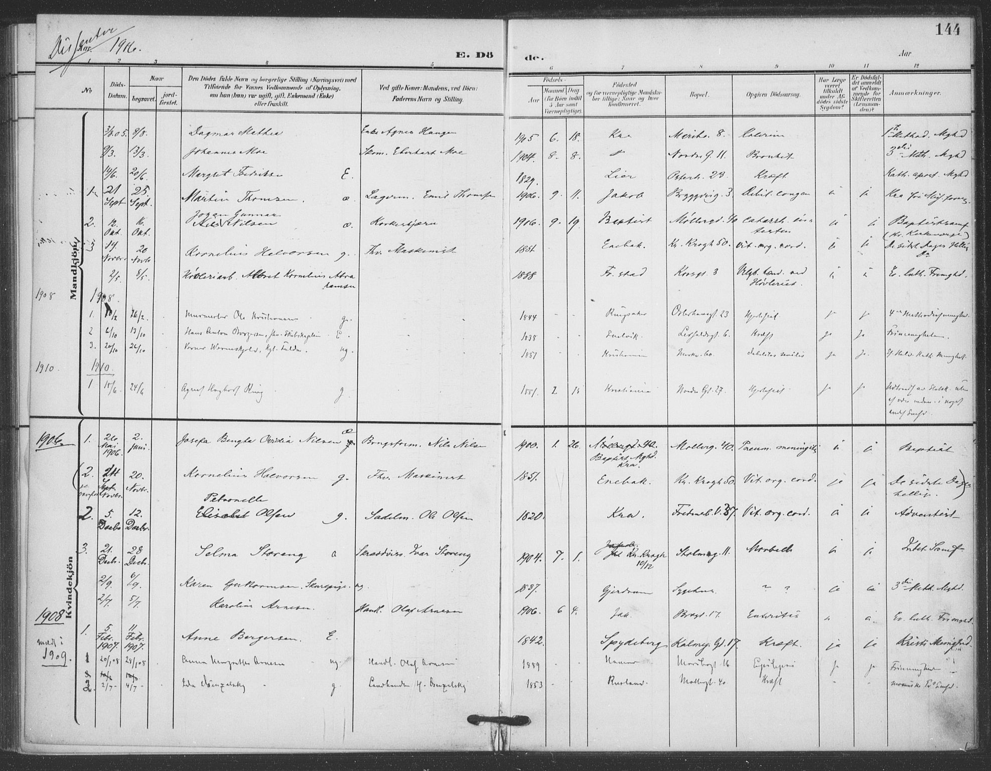 Jakob prestekontor Kirkebøker, SAO/A-10850/F/Fa/L0011: Parish register (official) no. 11, 1906-1920, p. 144