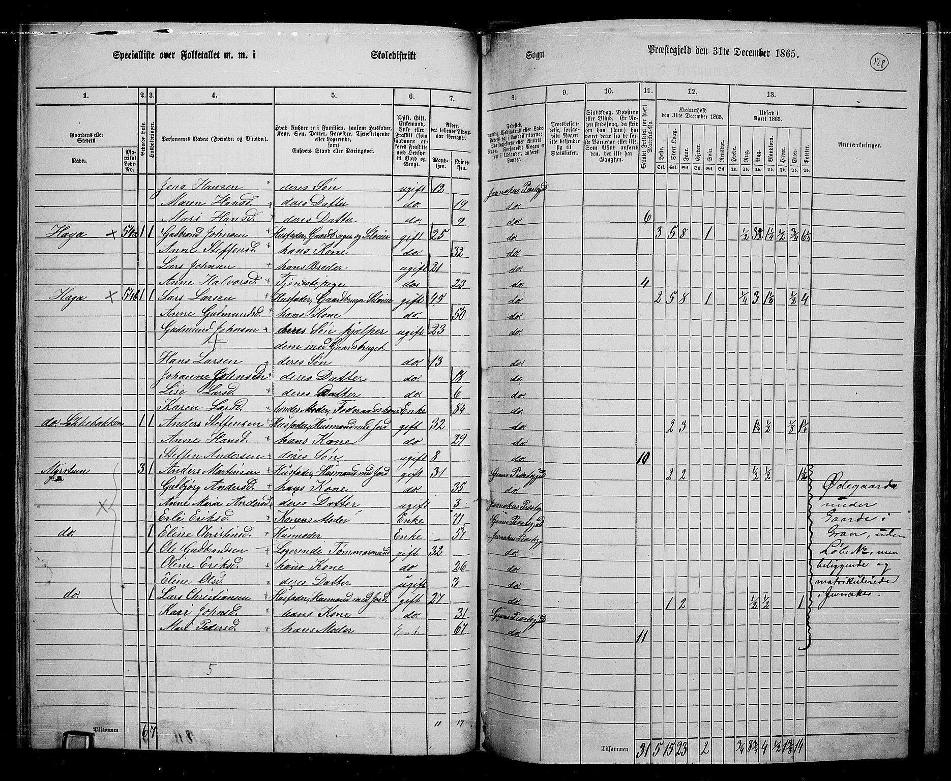 RA, 1865 census for Jevnaker, 1865, p. 122