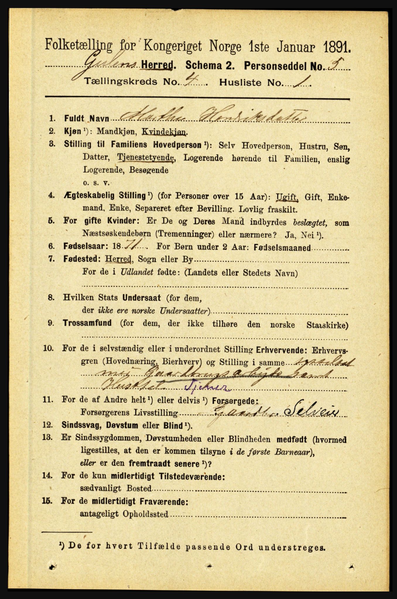 RA, 1891 census for 1411 Gulen, 1891, p. 1215