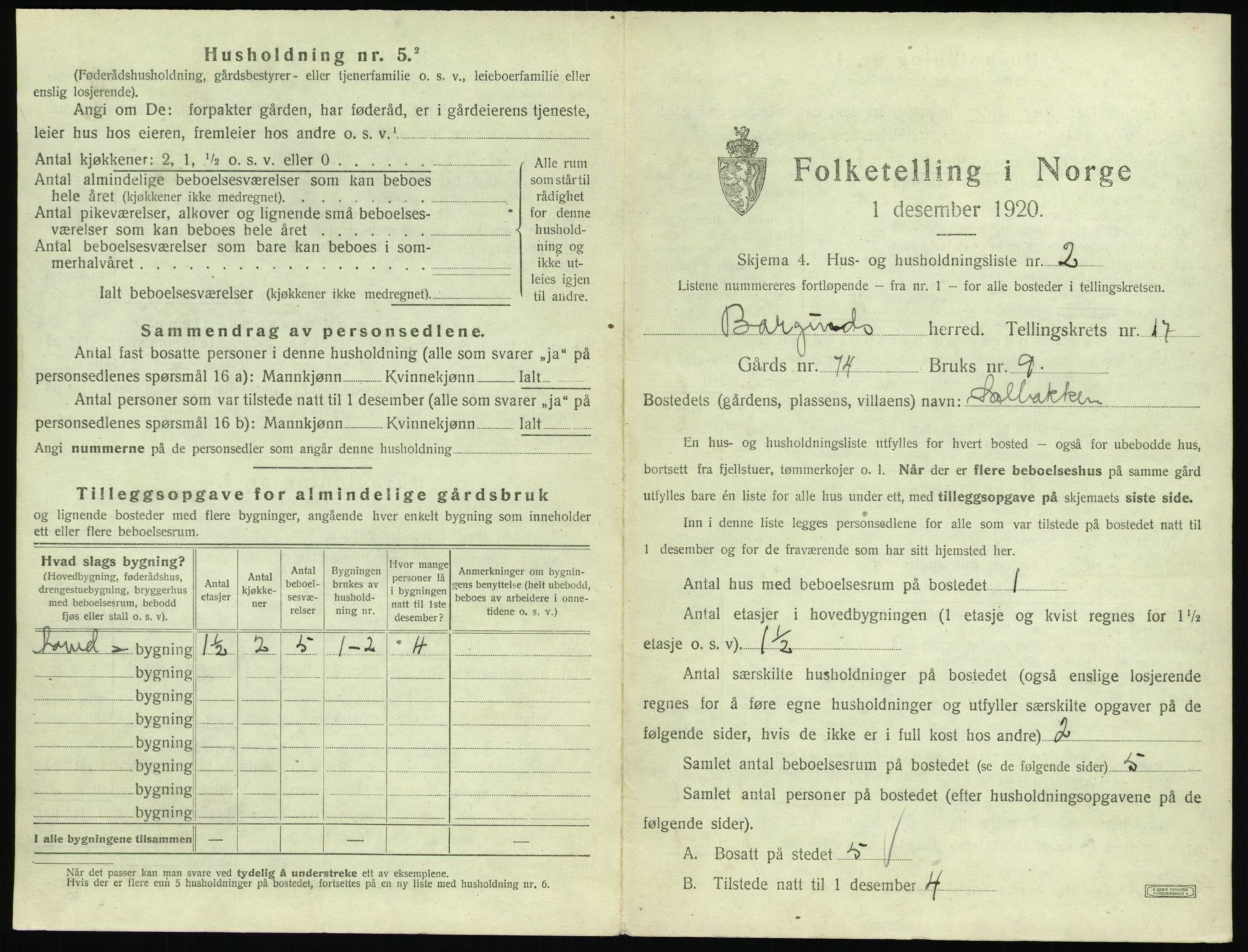 SAT, 1920 census for Borgund, 1920, p. 1482