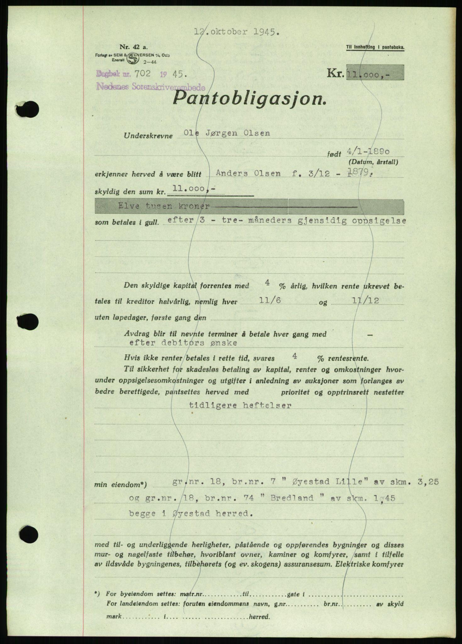 Nedenes sorenskriveri, AV/SAK-1221-0006/G/Gb/Gbb/L0002: Mortgage book no. II, 1942-1945, Diary no: : 702/1945