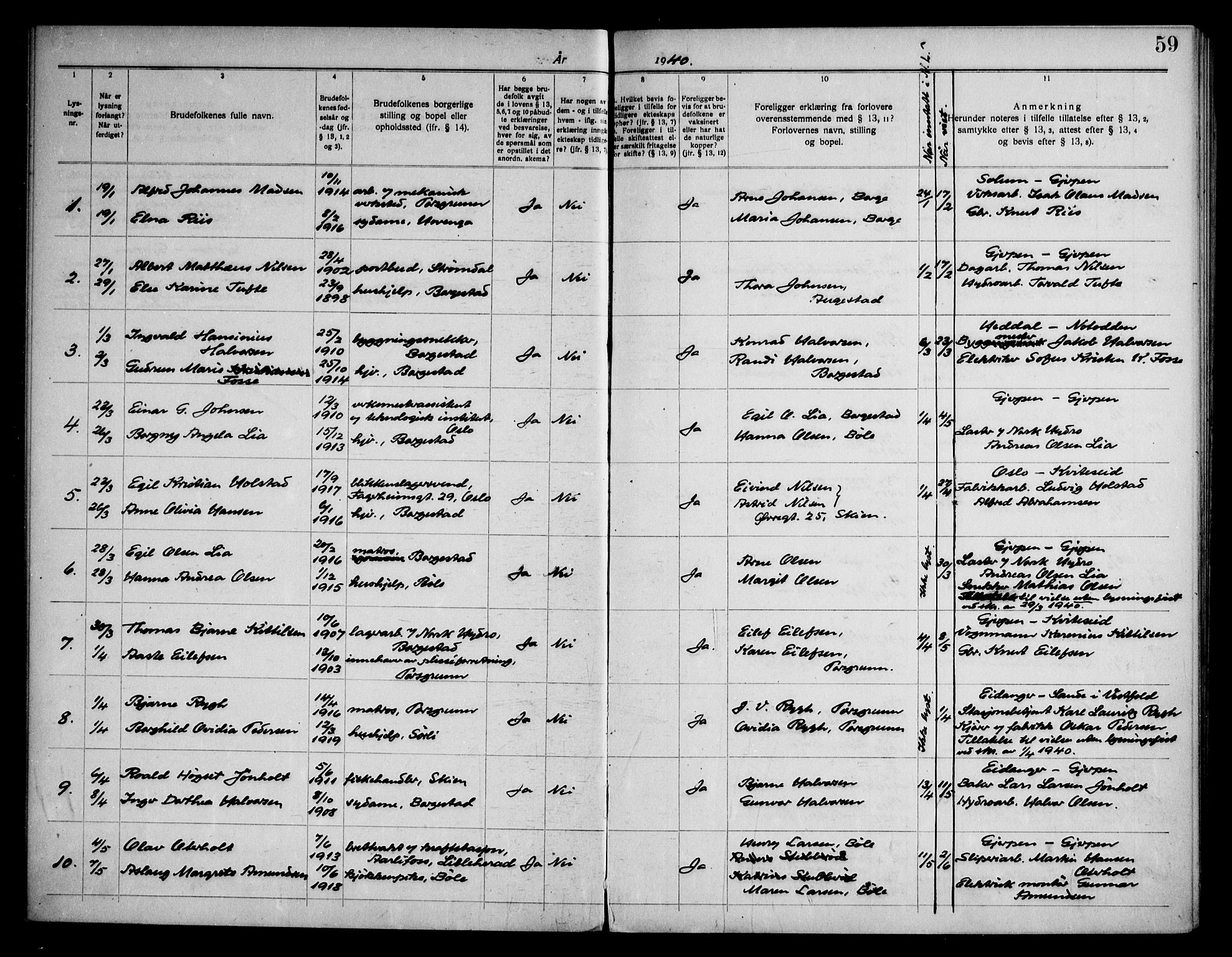 Gjerpen kirkebøker, SAKO/A-265/H/Hb/L0001: Banns register no. II 1, 1920-1950, p. 59