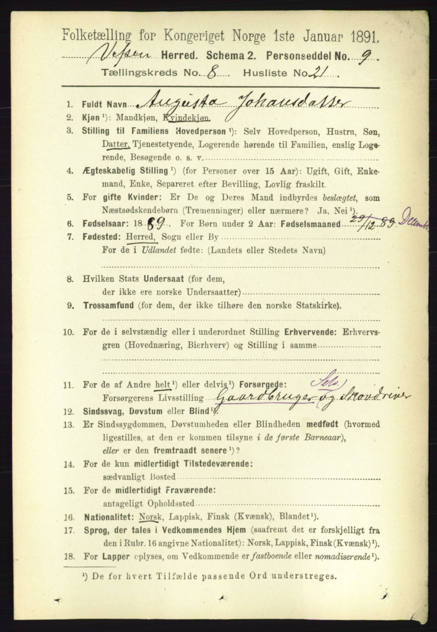 RA, 1891 census for 1824 Vefsn, 1891, p. 4384